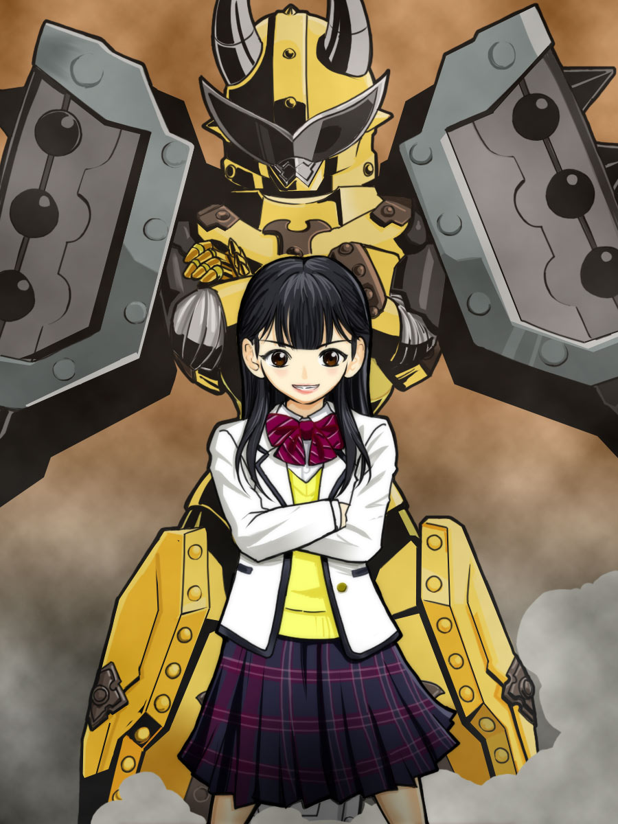 1girl 35-miya-7375 animification armor avataro_sentai_donbrothers black_hair brown_hair dual_persona full_body gunbuster_pose highres horns jacket kito_haruka kitou_haruka long_hair looking_at_viewer oni oni_horns oni_sister plaid_clothes plaid_skirt school_uniform shirt shoulder_spikes skirt smile spikes standing sunglasses super_sentai white_shirt yellow_eyes yellow_shirt