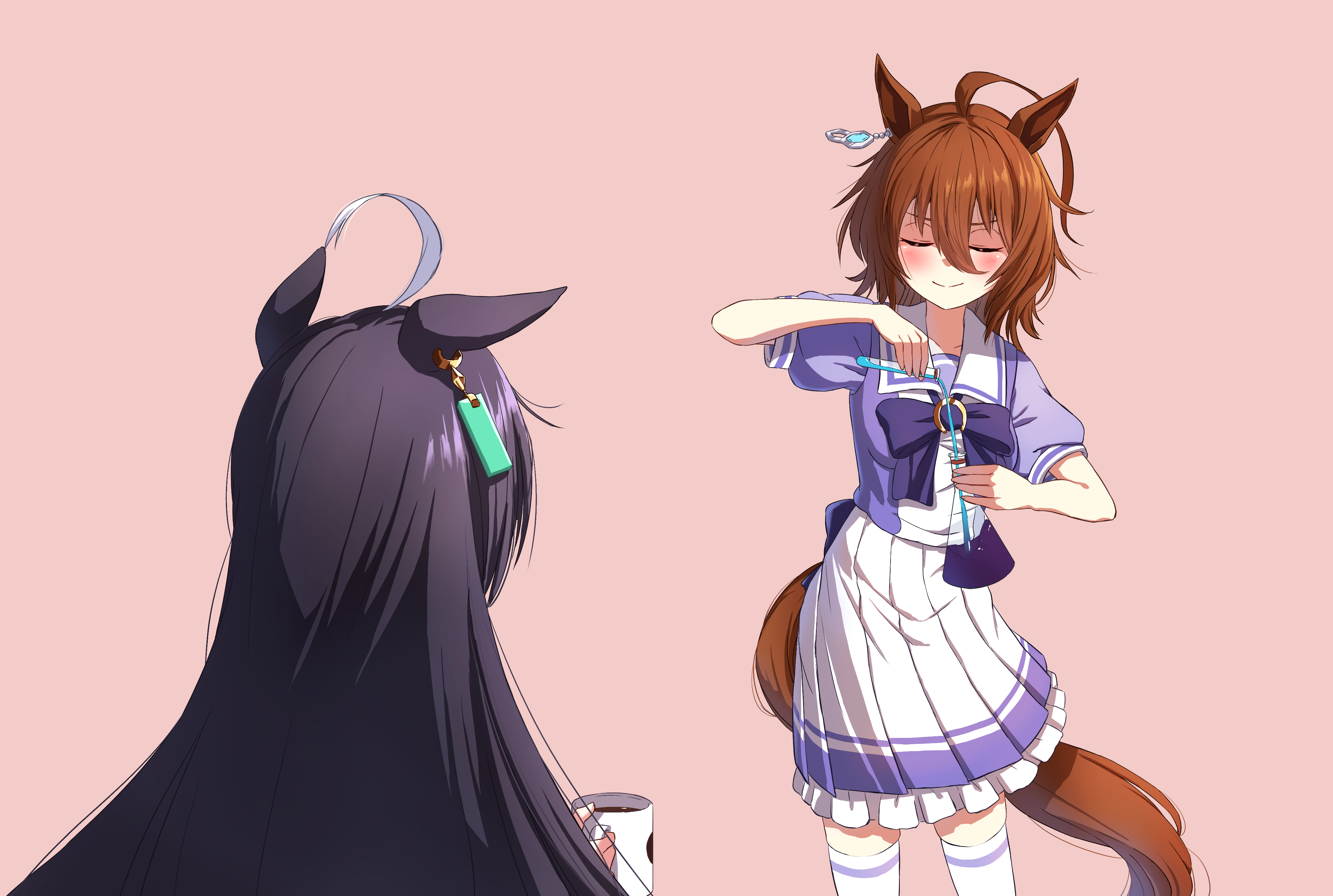 2girls absurdres agnes_tachyon_(umamusume) ahoge animal_ears black_hair bow brown_hair coffee_mug cup earrings flask highres holding holding_cup holding_flask holding_test_tube horse_ears horse_girl horse_tail jewelry long_hair manhattan_cafe_(umamusume) meme mug multicolored_hair multiple_girls purple_bow purple_shirt reo-illust4696 school_uniform shikairo_days_dance_(meme) shikanoko_nokonoko_koshitantan shirt single_earring skirt tail test_tube thighhighs tracen_school_uniform umamusume white_hair white_skirt white_thighhighs