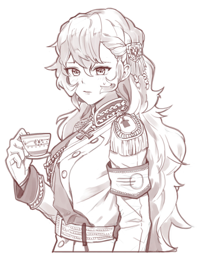 1girl alpha_(alpha_1918) armband artist_request belt collar cross cross_pendant cup epaulettes expressionless fluffy fluffy_hair from_side high_collar holding holding_cup long_hair military_uniform monochrome non-web_source russian_empire sputnik_and_pogrom sweat sweatdrop teacup