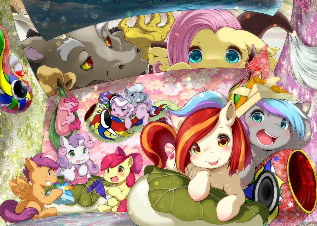 1boy 6+girls :p apple_bloom blush box cutie_mark diamond_tiara discord_(my_little_pony) fluttershy horse japan_ponycon kashiwa_mochi_(food) kodomo_no_hi koinobori koishi_chikasa looking_at_viewer mascot mochi multicolored_hair multiple_girls my_little_pony my_little_pony:_friendship_is_magic no_humans open_mouth origami paper_hat paper_kabuto pegasus pink_hair pinkie_pie poniko_(japan_ponycon) pony_(animal) poster_(medium) purple_hair red_hair roku_(japan_ponycon) scootaloo silver_spoon smile streaked_hair sweetie_belle tongue tongue_out windsock