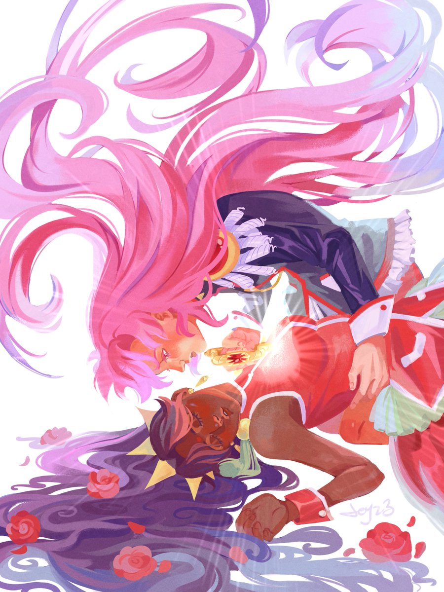 2girls bare_shoulders black_jacket closed_eyes commentary couple dark-skinned_female dark_skin dress english_commentary epaulettes facing_viewer floating_hair flower hand_on_another&#039;s_waist highres himemiya_anthy jacket long_hair looking_at_another makohjey military_uniform multiple_girls pink_hair purple_hair red_dress red_flower red_rose red_wrist_cuffs rose sekai_wo_kakumei_suru_chikara_wo shoujo_kakumei_utena sleeveless sleeveless_dress tenjou_utena upper_body wrist_cuffs yuri