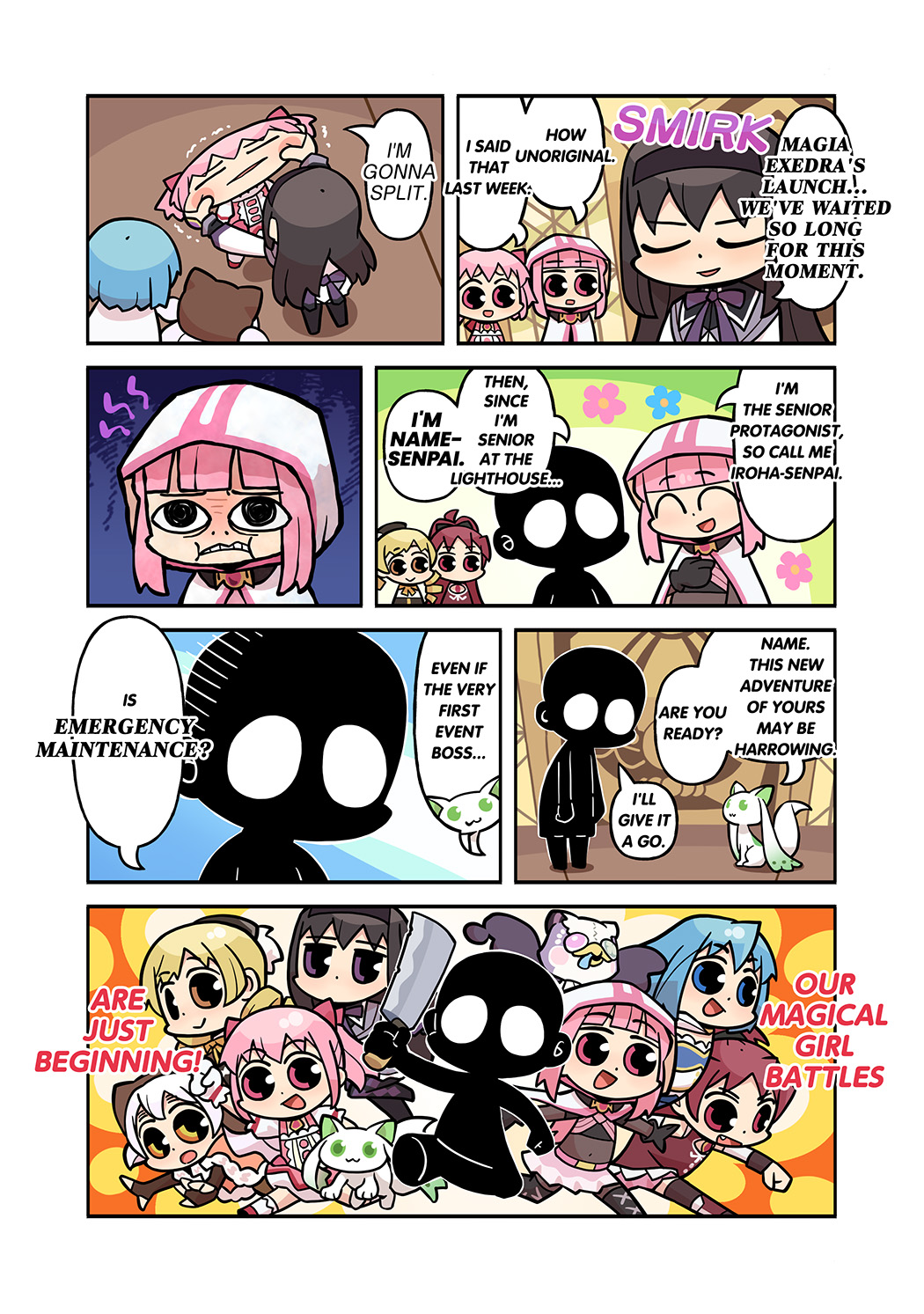 a-q_(madoka_magica) akemi_homura akemi_homura_(magical_girl) blank_eyes bubble_skirt choker highres holding_machete kaname_madoka kaname_madoka_(magical_girl) magia_record:_mahou_shoujo_madoka_magica_gaiden magical_girl mahou_shoujo_madoka_magica mahou_shoujo_madoka_magica:_hangyaku_no_monogatari mahou_shoujo_madoka_magica_magia_exedra miki_sayaka miki_sayaka_(magical_girl) momoe_nagisa momoe_nagisa_(magical_girl) namae_(magia_exedra) no_mouth papa_(shimeguru) pink_eyes pink_hair red_choker sakura_kyoko sakura_kyoko_(magical_girl) short_twintails silhouette skirt soul_gem tamaki_iroha tomoe_mami tomoe_mami_(magical_girl) twintails