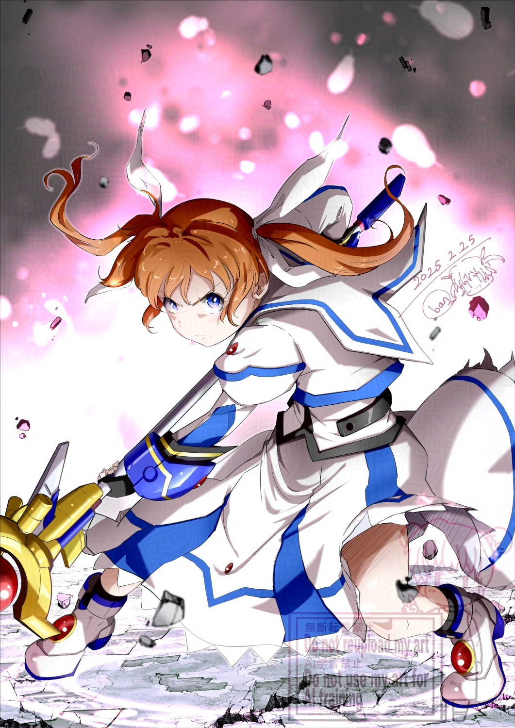 1girl adversarial_noise ban_(777purin) blue_eyes brown_hair commentary dated dress hair_ribbon highres long_dress lyrical_nanoha raising_heart raising_heart_(device_mode) ribbon shoes short_hair short_twintails signature solo staff takamachi_nanoha takamachi_nanoha_(original_mode) twintails v-shaped_eyebrows watermark white_dress white_ribbon white_shoes