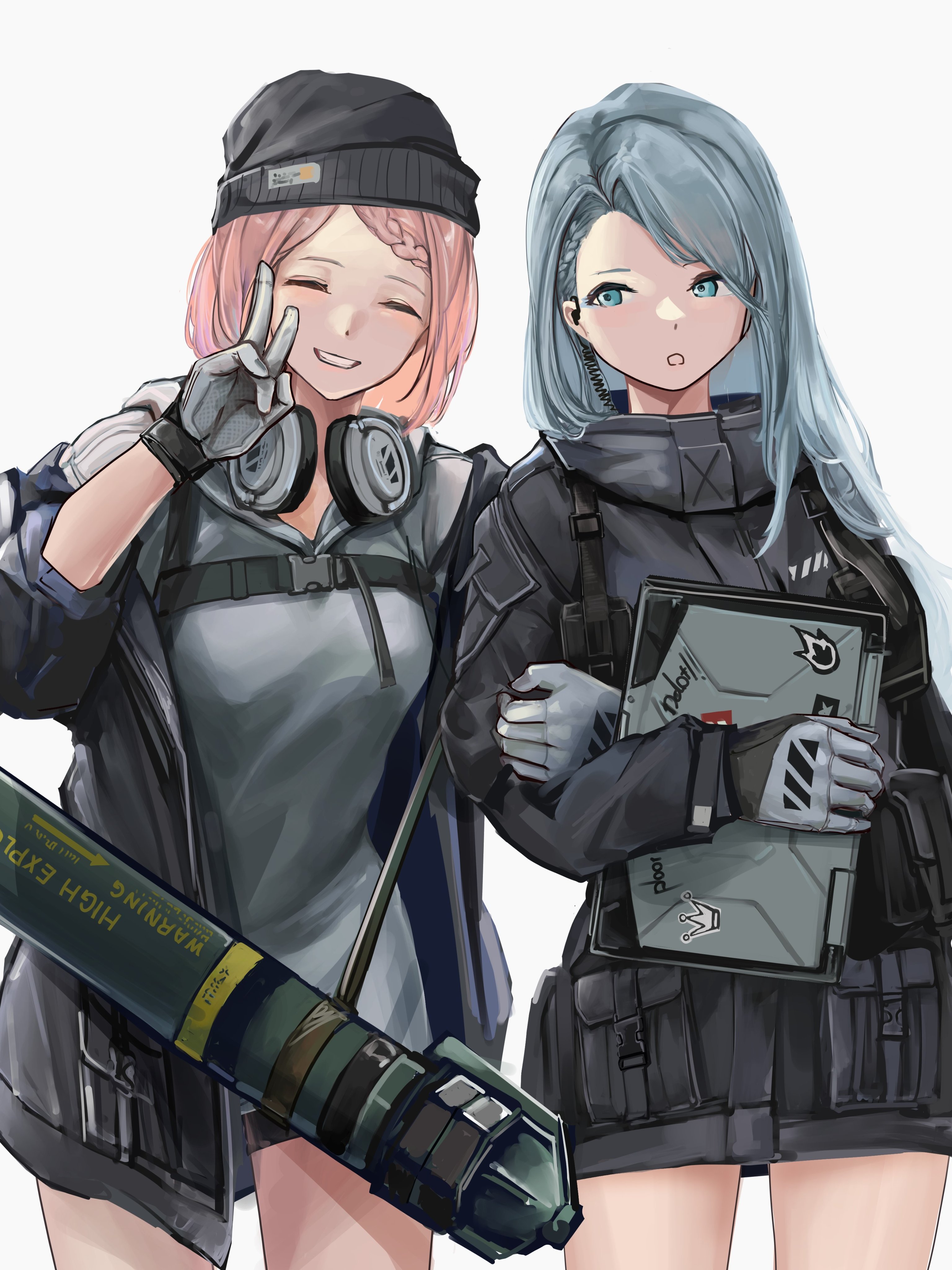 2girls absurdres beanie black_headwear black_jacket blue_eyes blue_hair bunker_buster closed_eyes commentary_request computer cowboy_shot electronic_firearm girls'_frontline gloves grey_background grey_gloves grey_hoodie grin gun_sling hat headphones headphones_around_neck highres holding holding_another's_arm holding_laptop hood hoodie jacket laptop lithographica long_hair man-portable_anti-tank_systems mk_153_(girls'_frontline) mk_153_shoulder-launched_multipurpose_assault_weapon mk_153_smaw multiple_girls pink_hair rocket_launcher simple_background smile v weapon