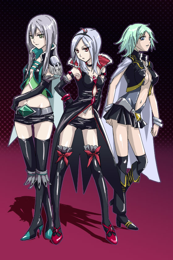00s 3girls black_neckwear black_shorts blue_eyes cape detached_sleeves eas_(fresh_precure!) fresh_precure! genderswap genderswap_(mtf) green_eyes green_hair hairband hand_on_own_hip higashi_setsuna latex long_hair midriff minami_shun multiple_girls navel nishi_hayato precure red_eyes sakebuotoko short_hair shorts silver_hair souler souler_(fresh_precure!) thighhighs wester wester_(fresh_precure!) zettai_ryouiki