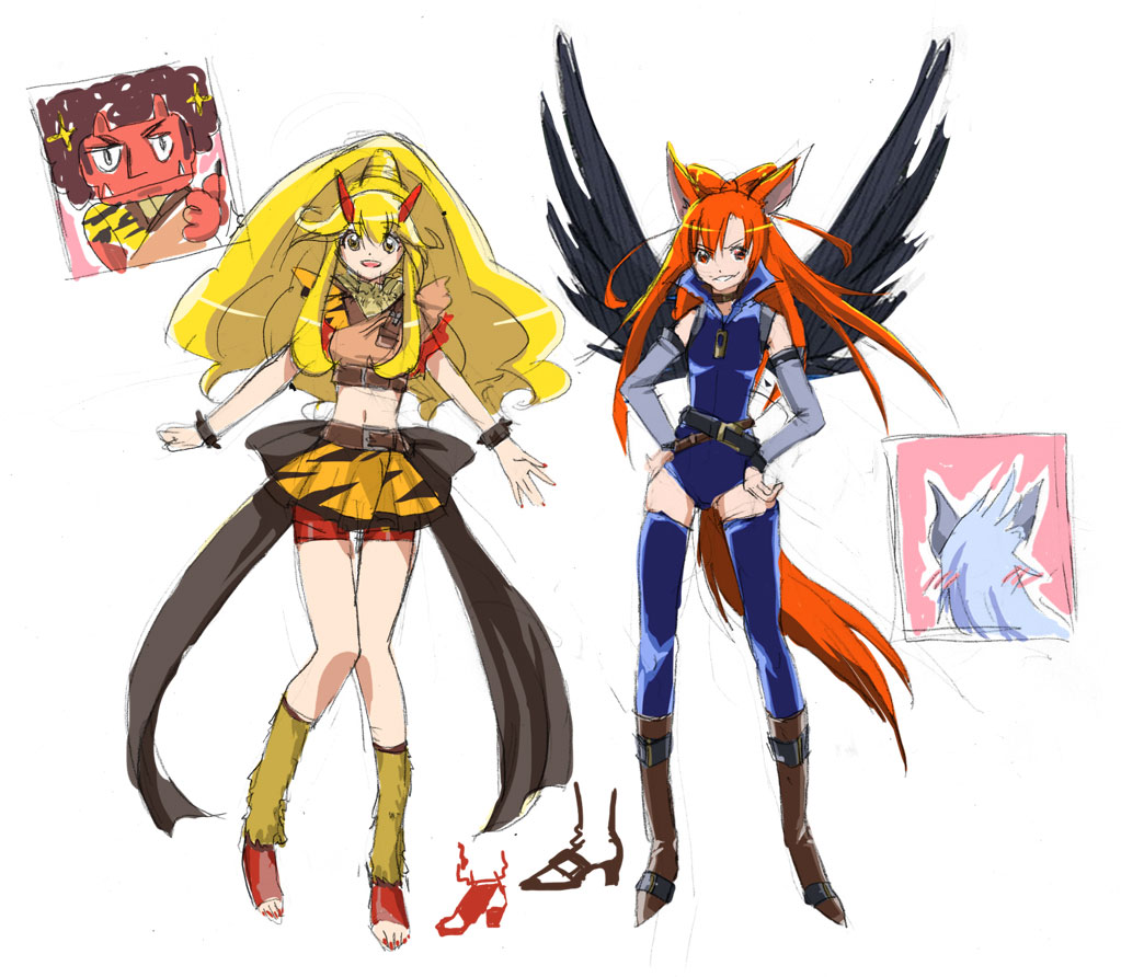 10s 2boys 2girls adapted_costume akaooni akaooni_(cosplay) alternate_costume animal_ears arm_warmers bad_end_peace bad_end_precure bad_end_sunny belt bike_shorts blonde_hair blue_thighhighs boots concept_art corruption cosplay dark_persona detached_sleeves fingerless_gloves gloves hair_ornament long_hair looking_at_viewer multiple_boys multiple_girls orange_hair ponytail precure shirt shorts shorts_under_skirt simple_background sketch skirt smile_precure! tail thigh_gap thighhighs uiuihatimitu white_background wings wolfrun wolfrun_(cosplay) wrist_cuffs