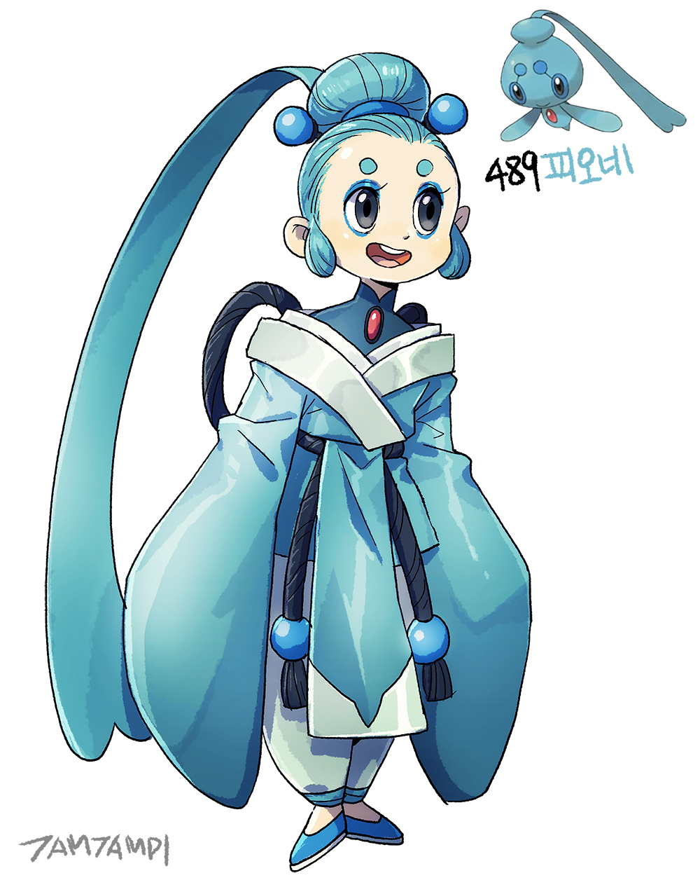 1girl black-framed_eyewear blue_eyeliner blue_footwear blue_hair blue_kimono brooch eyelashes eyeliner full_body gen_4_pokemon highres japanese_clothes jewelry kimono long_sleeves makeup mythical_pokemon nintendo open_mouth pants phione pokemon pokemon_(creature) reference_inset signature sleeves_past_fingers sleeves_past_wrists tamtamdi translated white_background white_pants wide_sleeves