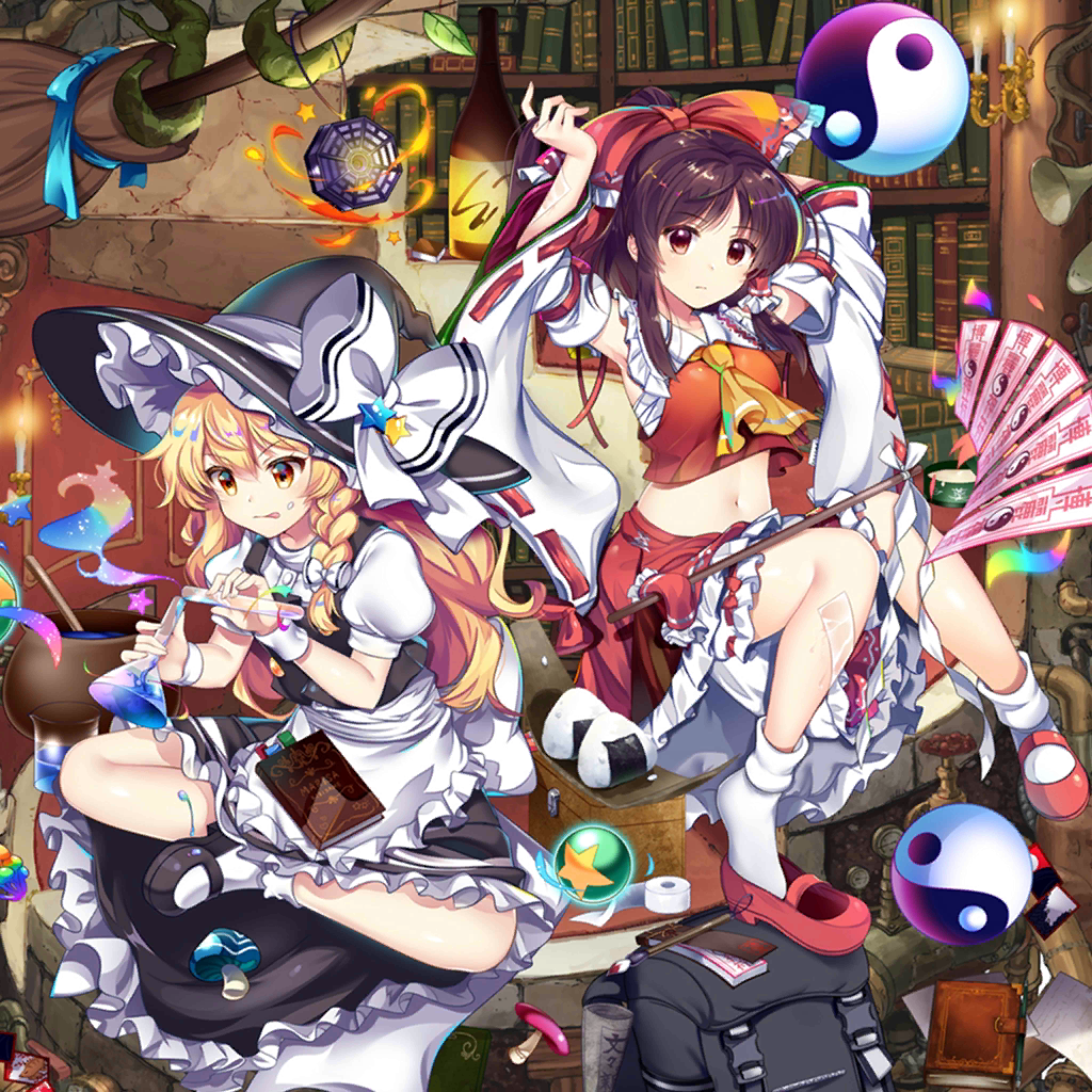 2girls :q ascot black_shoes black_vest blonde_hair book bookshelf bottle bow braid breasts broom brown_eyes brown_hair candle cauldron chest_sarashi closed_mouth detached_sleeves erlenmeyer_flask flask frilled_bow frilled_hair_tubes frills game_cg gohei hair_bow hair_tubes hakurei_reimu hat hat_bow hat_ornament holding holding_flask holding_test_tube kirisame_marisa long_hair looking_at_viewer magic mary_janes midriff mini-hakkero multiple_girls mushroom navel official_art ofuda orb puffy_short_sleeves puffy_sleeves red_bow red_shoes red_skirt ribbon-trimmed_sleeves ribbon_trim rotte_(1109) sarashi shoes short_sleeves side_braid single_braid sitting skirt skirt_set socks star_(symbol) star_hat_ornament test_tube third-party_source tongue tongue_out touhou touhou_lostword very_long_hair vest white_bow white_socks witch_hat yellow_ascot yellow_eyes yin_yang yin_yang_orb yin_yang_print