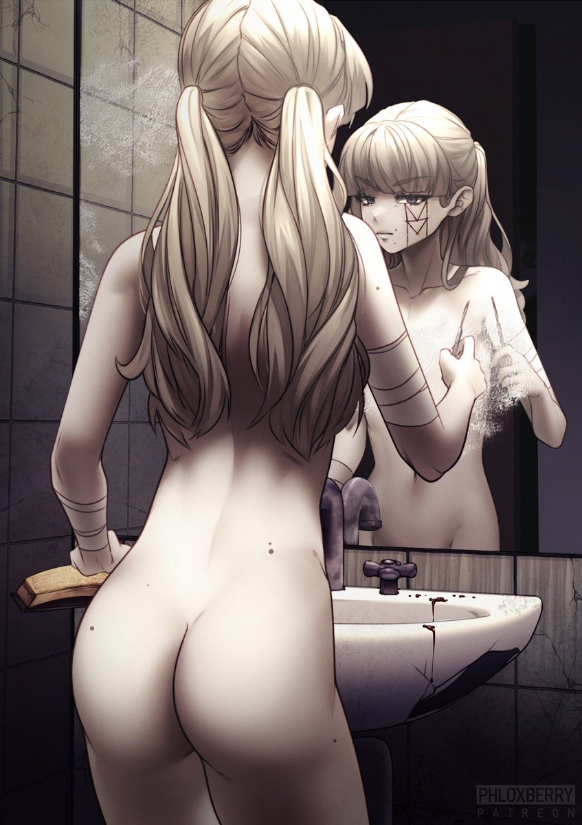 1girl against_mirror ass bandaged_arm bandages blood blood_on_face completely_nude fear_&amp;_hunger fear_&amp;_hunger_(series) fear_&amp;_hunger_2:_termina female_focus highres holding_scalpel looking_at_mirror marina_(fear_&amp;_hunger) mirror mole mole_on_thigh nude phloxberry short_twintails twintails