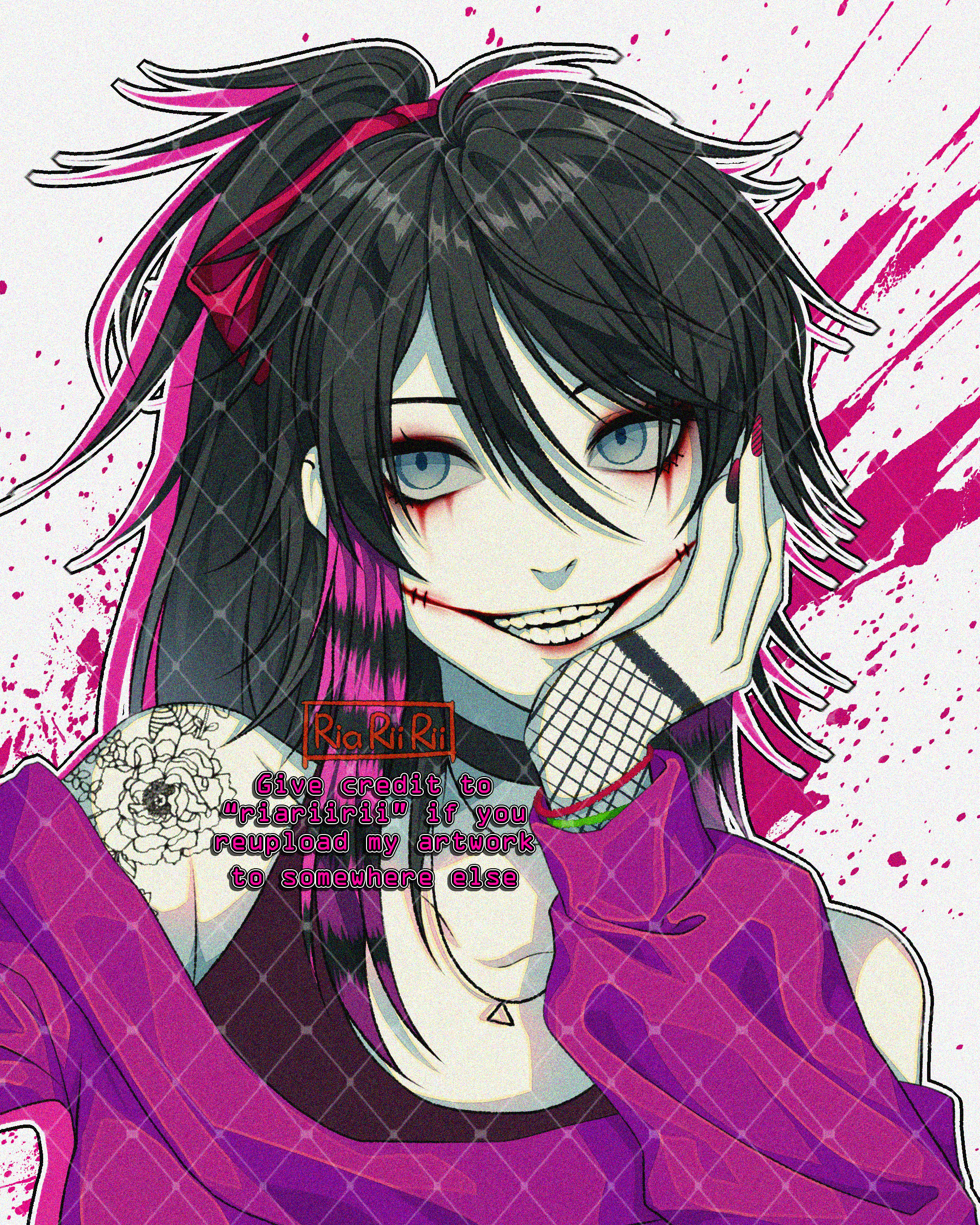 1girl absurdres artist_name bare_shoulders black_hair black_tank_top blood borrowed_design bracelet collarbone colored_skin commentary creepypasta english_commentary film_grain fishnet_gloves fishnets flower_tattoo glasgow_smile gloves grin hair_between_eyes hand_on_own_cheek hand_on_own_face hand_up high_ponytail highres jewelry long_hair long_sleeves looking_to_the_side multicolored_hair nail_polish necklace nina_the_killer off-shoulder_shirt off_shoulder outline pink_blood pink_hair pink_shirt ponytail portrait puffy_long_sleeves puffy_sleeves red_nails riariirii scene_fashion shirt shoulder_tattoo simple_background smile solo stitched_mouth stitches streaked_hair tank_top tattoo teeth two-tone_hair watermark white_background white_outline white_skin