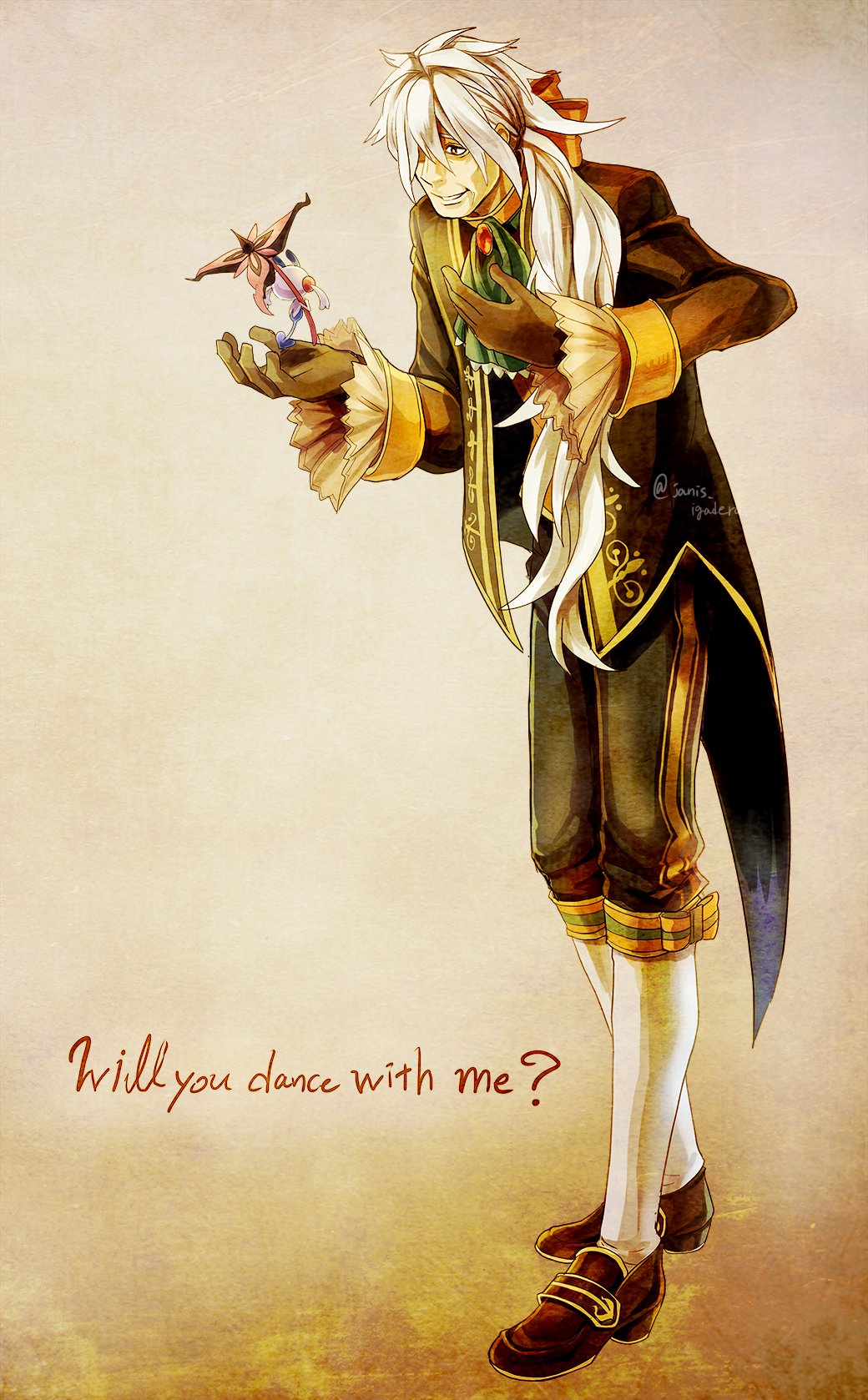 1boy alternate_costume ascot az_(pokemon) bow brown_gloves brown_jacket brown_shoes commentary_request english_text floette floette_(eternal) gen_6_pokemon gloves green_ascot grin hair_bow hair_over_one_eye hair_over_shoulder highres jacket janis_(hainegom) kneehighs long_hair long_sleeves looking_down male_focus nintendo pants pokemon pokemon_(creature) pokemon_legends:_z-a shoes smile socks teeth twitter_username watermark white_hair white_socks