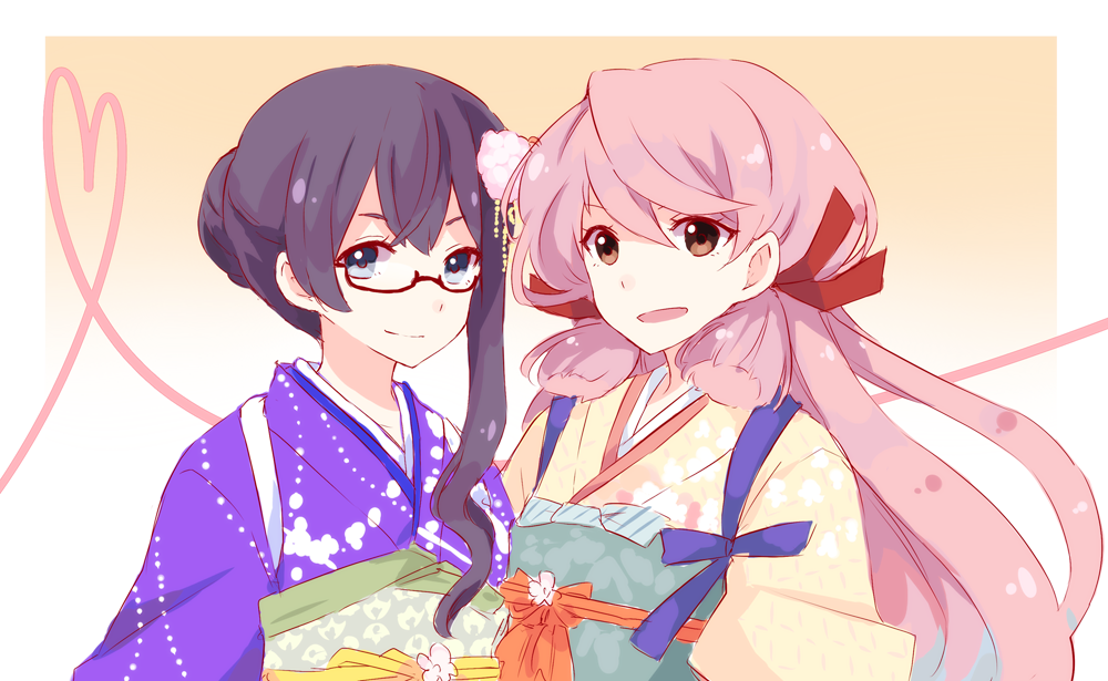 10s 2girls akashi_(kancolle) akashi_(new_year)_(kancolle) black_hair blue_eyes brown_eyes glasses hair_bun hair_ornament hair_ribbon heart heart_of_string japanese_clothes kantai_collection kimono long_hair looking_at_viewer multiple_girls obi ooyodo_(kancolle) ooyodo_(new_year)_(kancolle) pink_hair ribbon sash sidelocks single_hair_bun smile tasuki unrabu upper_body