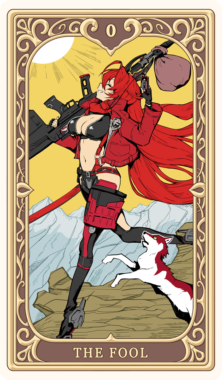 1girl anti-materiel_rifle black_gloves black_pants breasts cleavage clothing_cutout commentary_request crotch_plate dog fingerless_gloves gloves goddess_of_victory:_nikke gun highres hip_vent holding holding_gun holding_weapon horns jacket large_breasts latex_bikini leather leather_jacket leather_pants leg_cutout long_hair long_sleeves mechanical_horns navel pants red_hair red_hood_(nikke) red_jacket red_scarf rifle scarf sky smile sniper_rifle sun syope tarot the_fool_(tarot) unzipped weapon yellow_sky