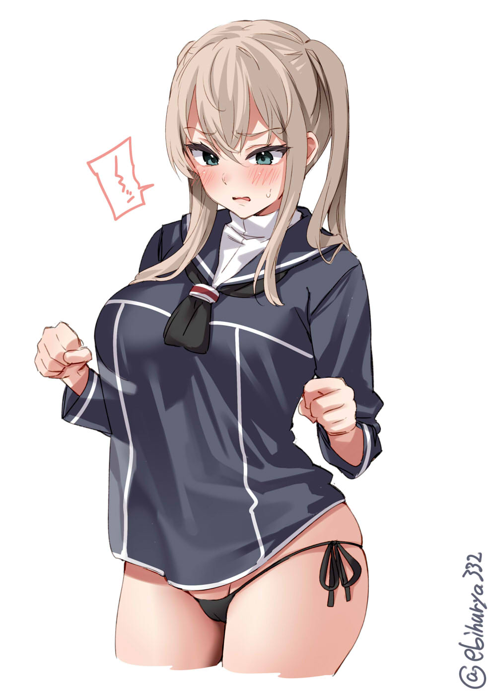 1girl alternate_costume aqua_eyes bikini black_bikini blonde_hair blush breasts cameltoe clenched_hands cosplay cowboy_shot cropped_legs ebifurya graf_zeppelin_(kancolle) hair_between_eyes hands_up highres kantai_collection large_breasts long_hair long_sleeves looking_at_viewer one-hour_drawing_challenge panties see-through_silhouette side-tie_bikini_bottom side-tie_panties simple_background solo spoken_squiggle squiggle string_panties swimsuit thighs twintails twitter_username underwear white_background z1_leberecht_maass_(kancolle) z1_leberecht_maass_(kancolle)_(cosplay)
