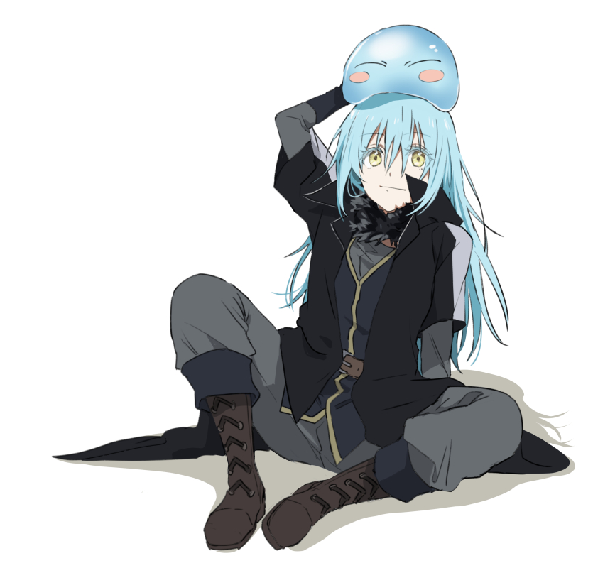 1other arm_up belt black_coat blue_hair boots brown_boots closed_mouth coat full_body fur_trim hair_between_eyes long_hair long_sleeves looking_at_viewer multiple_others nakayama_miyuki pants rimuru_tempest rimuru_tempest_(slime) simple_background sitting slime_(creature) smile straight_hair tensei_shitara_slime_datta_ken very_long_hair white_background yellow_eyes