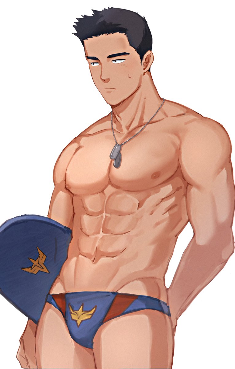 1boy abs ao_isami bara black_hair bodyboard dog_tags highres holding_bodyboard male_focus male_swimwear muscular muscular_male navel net_(net87626068) nipples pectorals short_hair solo swim_briefs thighs topless_male white_background yuuki_bakuhatsu_bang_bravern
