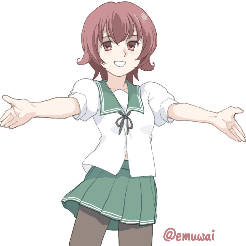 1girl black_pantyhose brown_hair emuwai green_sailor_collar green_skirt kantai_collection mutsuki_(kancolle) one-hour_drawing_challenge outstretched_arms pantyhose parted_lips pleated_skirt red_eyes sailor_collar sailor_shirt shirt short_hair simple_background skirt smile solo twitter_username white_background white_shirt