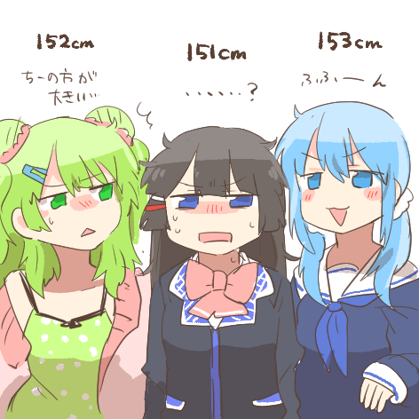 ...? 3girls :&lt; ^^^ bare_shoulders black_hair black_jacket blazer blue_eyes blue_hair blue_neckerchief blue_shirt blush blush_stickers bow camisole chibi collarbone double_bun green_camisole green_eyes green_hair hair_bun hair_over_shoulder jacket long_hair low_twintails lowres morinaka_kazaki morinaka_kazaki_(2nd_costume) multiple_girls neckerchief nijisanji nose_blush off_shoulder open_clothes open_jacket parted_lips pink_bow pink_jacket polka_dot_camisole rebecca_(keinelove) sailor_collar school_uniform serafuku shirt simple_background translation_request triangle_mouth tsukino_mito tsukino_mito_(1st_costume) twintails virtual_youtuber white_background white_sailor_collar yuuki_chihiro
