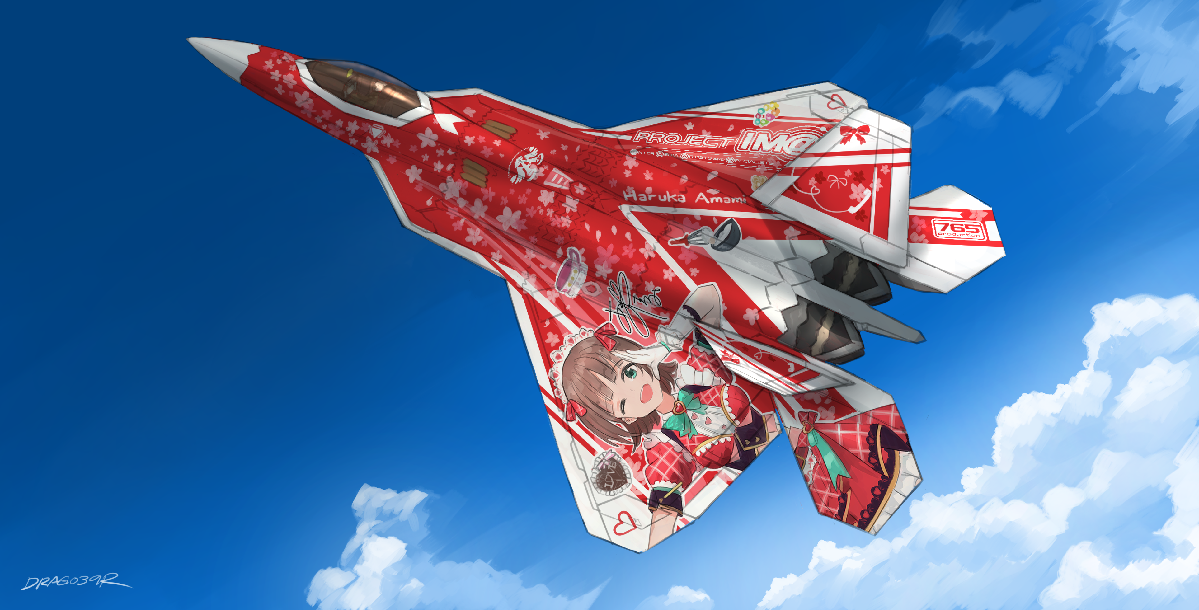 absurdres ace_combat aircraft airplane amami_haruka bandai_namco blue_sky character_name cloud company_connection f-22_raptor fighter_jet highres idolmaster idolmaster_(classic) military_vehicle signature sky user_egxc7832