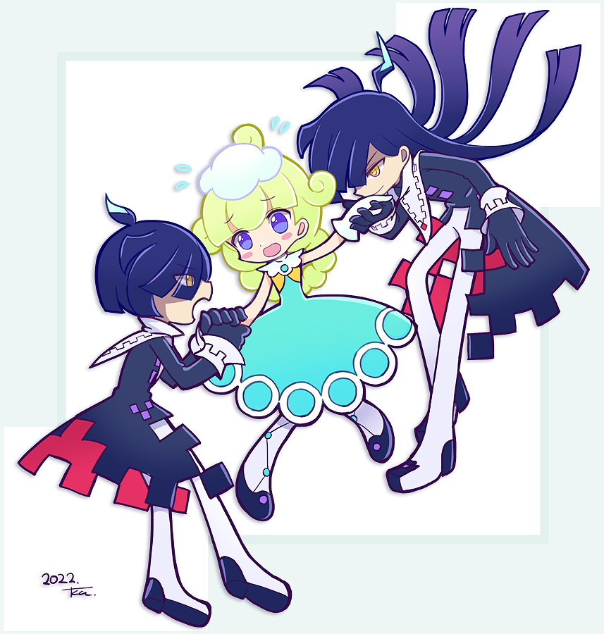 1girl 2boys ahoge aqua_dress black_footwear black_gloves blue_hair blunt_bangs blunt_ends blush_stickers border burippoi dark_blue_hair dated deformed dress dual_persona eyes_visible_through_hair flying_sweatdrops full_body furrowed_brow gloves grabbing_another&#039;s_hand green_border green_hair hair_flaps holding_hands looking_at_another love_triangle marle_(puyopuyo) multiple_boys official_style outside_border pants pantyhose purple_eyes puyopuyo puyopuyo_tetris_2 rivalry signature squares_(puyopuyo) time_paradox topknot wavy_mouth white_background white_gloves white_pants white_pantyhose yellow_eyes