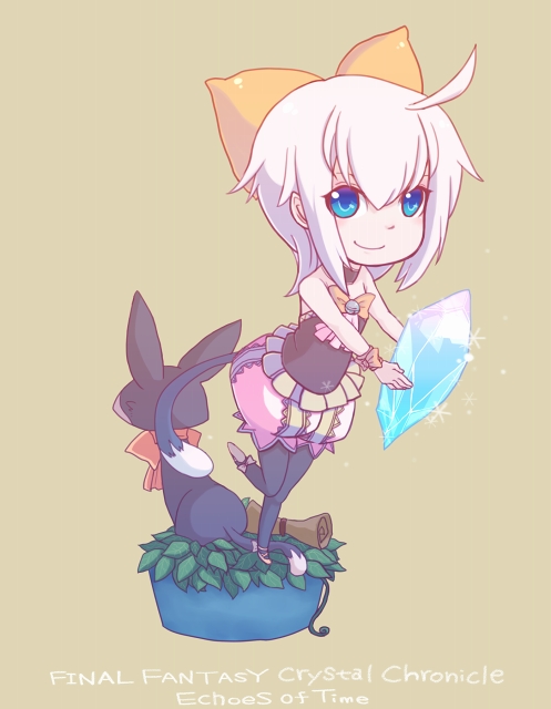 1girl bad_id bad_pixiv_id blue_eyes cat cat_tail chibi crystal female_focus final_fantasy final_fantasy_crystal_chronicles final_fantasy_crystal_chronicles:_echoes_of_time pink_hair sherlotta sherlotta_(cat) solo tahara_emu tail
