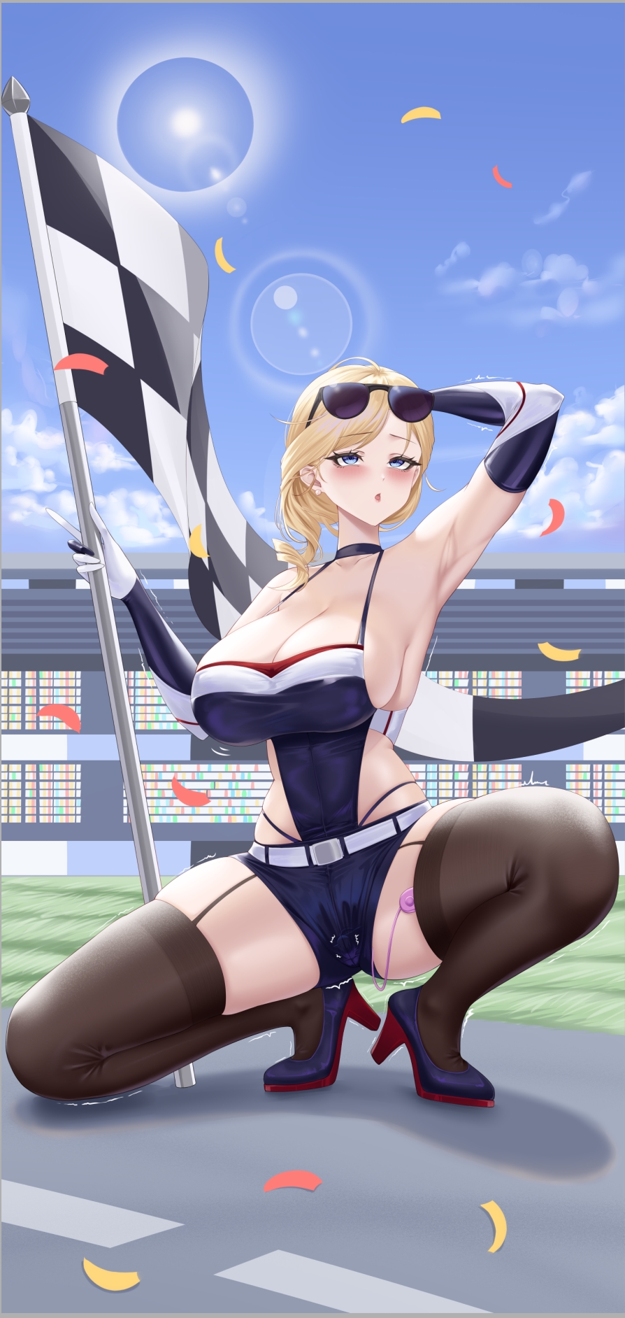 :o arm_up armpits azur_lane black_boots black_choker black_gloves black_leotard black_shorts black_thighhighs blonde_hair blue_eyes boots breasts checkered_flag choker cleavage confetti egg_vibrator elbow_gloves eyewear_on_head flag garter_straps gloves high_heels highleg highleg_panties highres holding holding_flag hood_(azur_lane) large_breasts lens_flare leotard long_hair looking_up outdoors panties race_queen remote_control_vibrator sex_toy shorts sideboob sunglasses thigh_boots thighhighs underwear user_xujn5742 vibrator vibrator_under_clothes