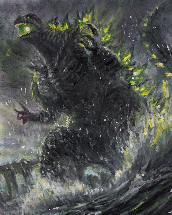 70_years_of_godzilla:_a_new_roar_in_southeast_asia bridge claws dinosaur fog g.n.a giant giant_monster glowing glowing_eyes glowing_spikes godzilla godzilla_(series) green_eyes igloo_studio kaiju monster no_humans ocean open_mouth overcast sea_monster sharp_teeth sky spikes splashing tail teeth toho water
