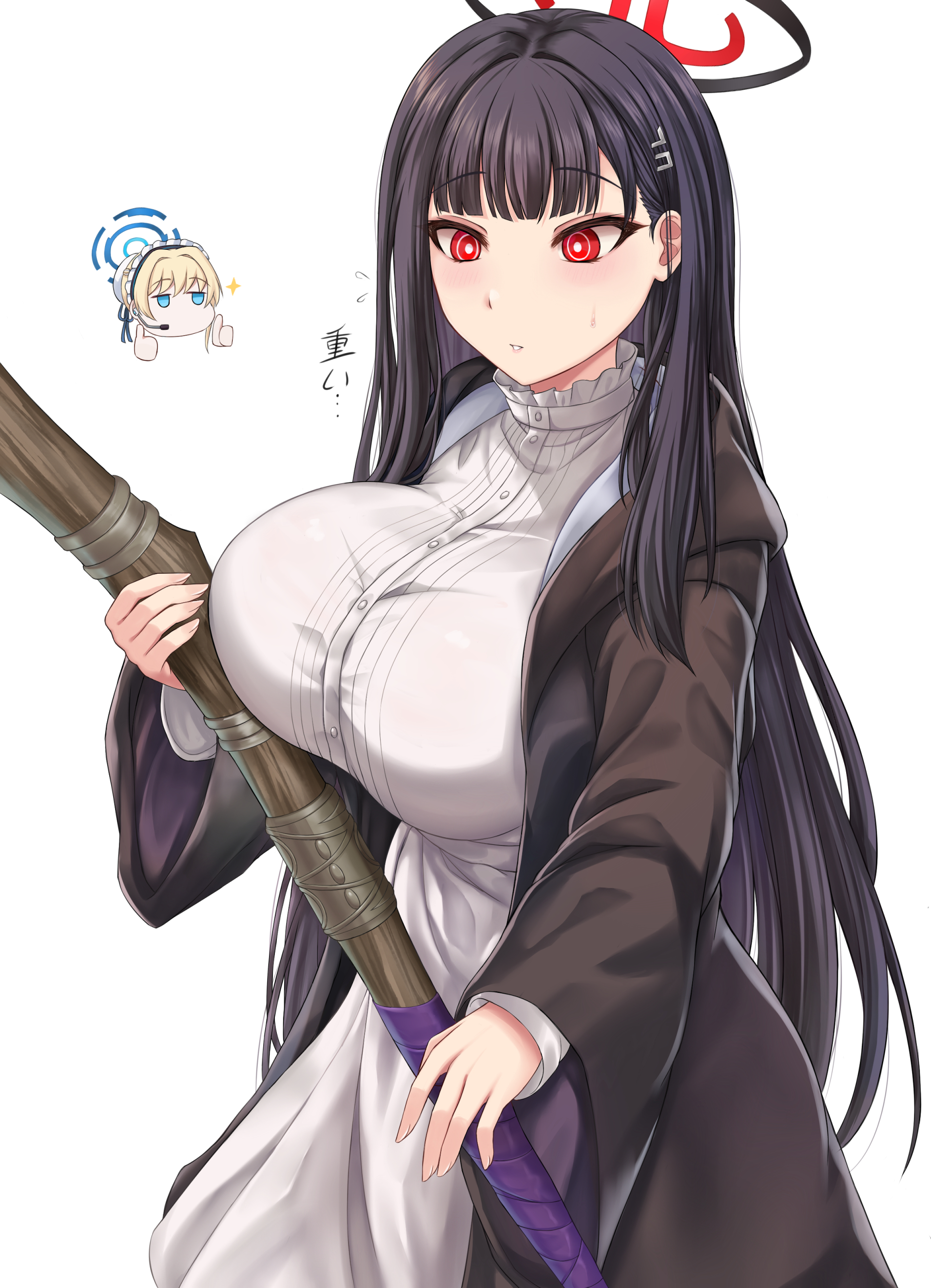 2girls absurdres alternate_costume black_hair black_robe blue_archive breasts bright_pupils chibi chibi_inset commentary_request cosplay cowboy_shot dress fern_(sousou_no_frieren) fern_(sousou_no_frieren)_(cosplay) hair_ornament hairclip halo highres holding holding_staff large_breasts long_hair long_sleeves mage_staff multiple_girls open_clothes open_robe parted_lips red_eyes rio_(blue_archive) robe simple_background solo_focus sousou_no_frieren staff sweatdrop thumbs_up toki_(blue_archive) translation_request very_long_hair white_background white_dress white_pupils zatma0041