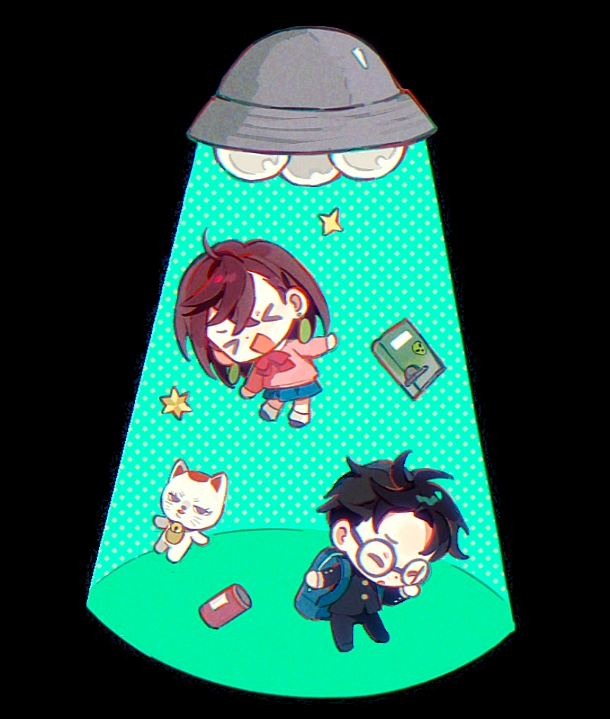 &gt;_&lt; 1boy 1girl abduction ayase_momo backpack bag bell black_hair black_jacket black_pants blue_skirt book bow bowtie brown_hair cat chibi chibi_only closed_eyes commentary dandadan earrings full_body gakuran glasses jacket jewelry medium_hair miniskirt neck_bell open_mouth pants pink_sweater pleated_skirt red_bow red_bowtie rice_(somasuki_77) round_eyewear school_uniform short_hair skirt socks sparkle sweater symbol-only_commentary takakura_ken_(dandadan) tractor_beam turbo_granny_(dandandan) ufo white_socks