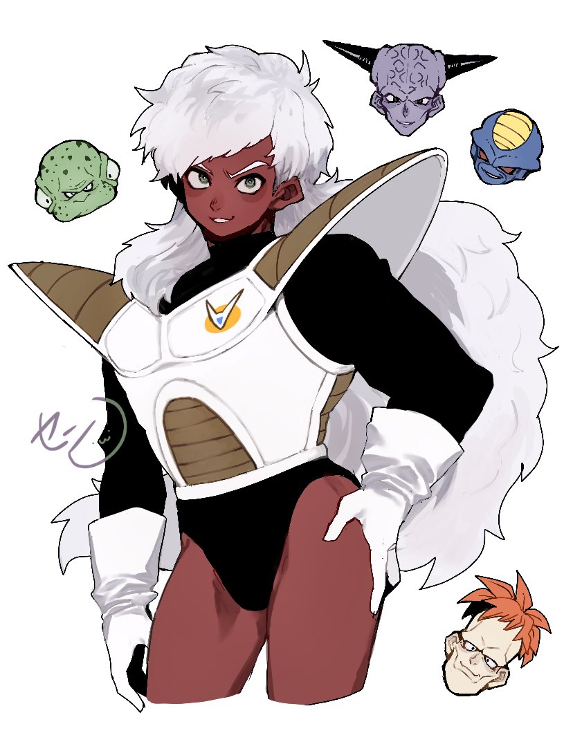 5boys alien blue_skin bright_pupils burter captain_ginyu colored_skin cowboy_shot dragon_ball dragonball_z extra_eyes ginyu_force gloves green_eyes green_skin grin guldo hand_on_own_hip jeice long_hair looking_at_viewer looking_up male_focus multiple_boys orange_hair purple_skin recoome red_skin saiyan_armor sen_(aypj8447) signature smile solo_focus very_long_hair white_background white_gloves white_hair white_pupils
