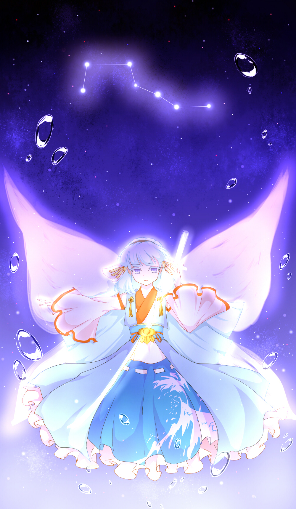 1girl akinomiya_asuka blue_eyes blue_hair bubble detached_sleeves female_focus frilled_skirt frills highres long_hair matching_hair/eyes ocean original riverbed_soul_saver skirt solo star_(sky) suitenguu_no_himemiko sword_of_kusanagi touhou very_long_hair