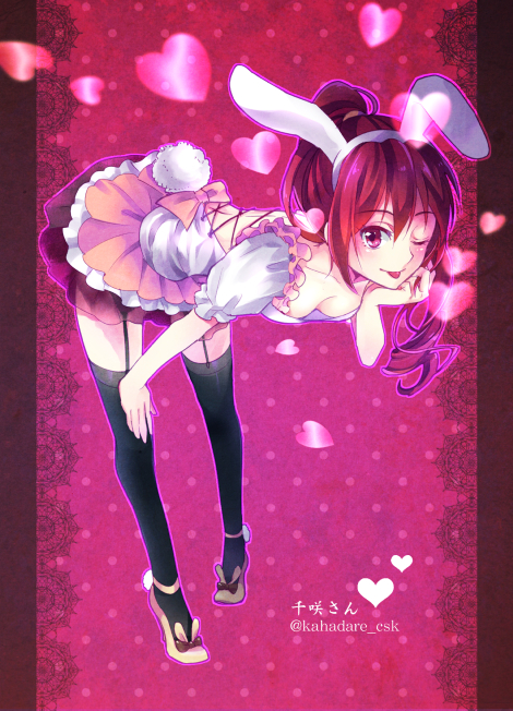 1girl ;p animal_ears backless_outfit bent_over black_thighhighs bow breasts cleavage collarbone fake_animal_ears female_focus free! full_body garter_straps hairband hand_on_own_knee head_rest high_heels high_ponytail long_hair matsuoka_gou miniskirt momoko_(momoko14) one_eye_closed pink_bow ponytail rabbit_ears rabbit_tail red_background red_eyes red_hair see-through_clothes skirt small_breasts solo standing tail thighhighs tongue tongue_out twitter_username white_hairband