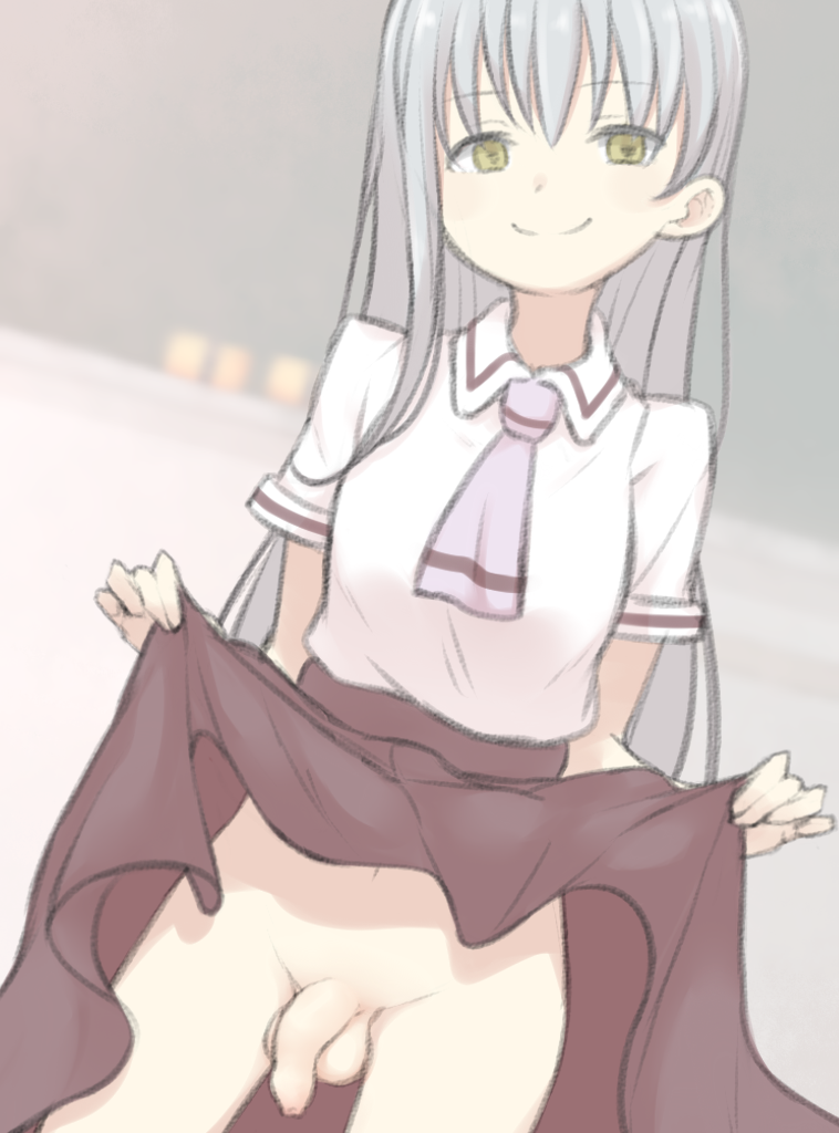 1boy aozora_tsugumi artist_request asobi_asobase clothes_lift crossdressing crossdressing_(mtf) lifting_own_clothes long_hair male_focus no_panties penis silver_hair skirt skirt_lift smile solo testicles trap yellow_eyes