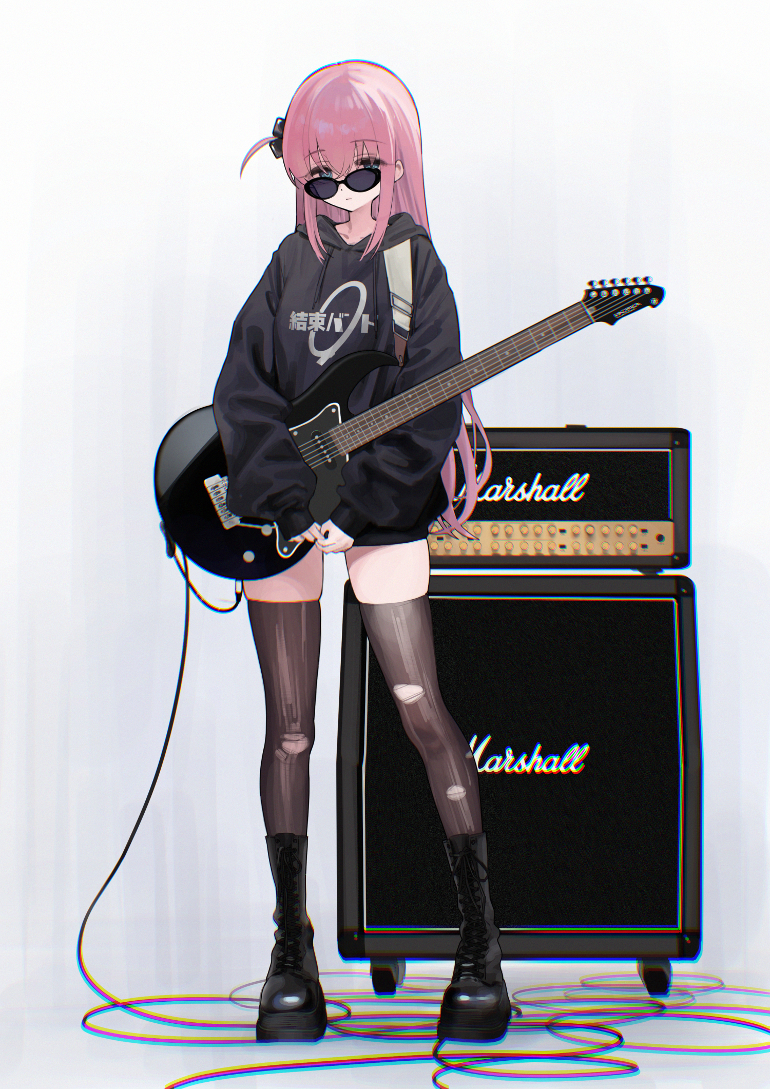 1girl ankle_boots black_hoodie black_thighhighs bocchi_the_rock! boots commentary_request cube_hair_ornament electric_guitar full_body gotoh_hitori guitar hair_ornament highres hood hood_down hoodie instrument long_hair long_sleeves looking_at_viewer marshall_amplification mirei music one_side_up pink_hair playing_instrument puffy_long_sleeves puffy_sleeves simple_background solo standing sunglasses thighhighs thighs torn_clothes torn_thighhighs very_long_hair white_background