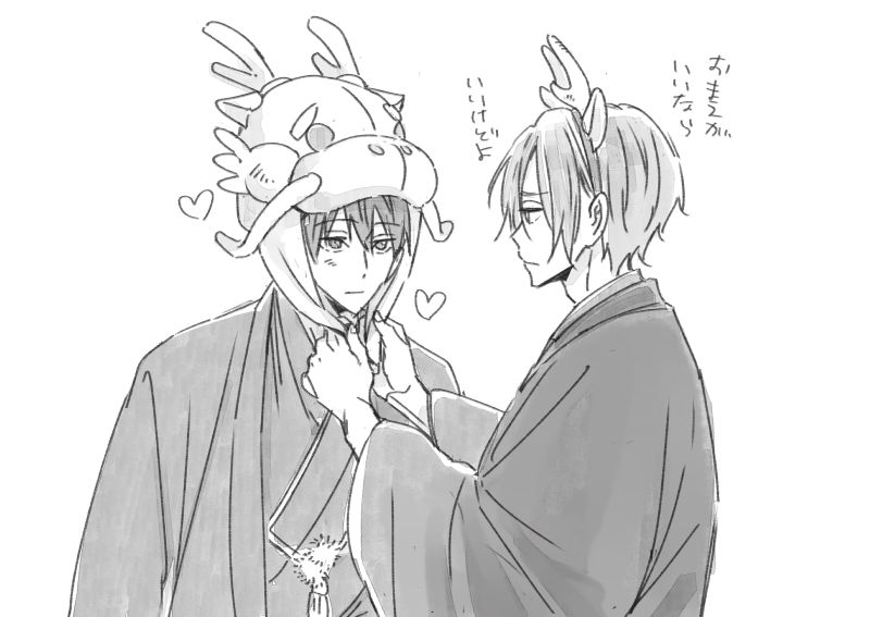 adjusting_clothes adjusting_headwear animal_ears bichio blush chinese_zodiac dragon_hat fake_animal_ears fake_horns free! greyscale haori headband heart horns japanese_clothes kimono long_sleeves looking_at_another matsuoka_rin monochrome nanase_haruka_(free!) new_year pom_pom_(clothes) year_of_the_dragon