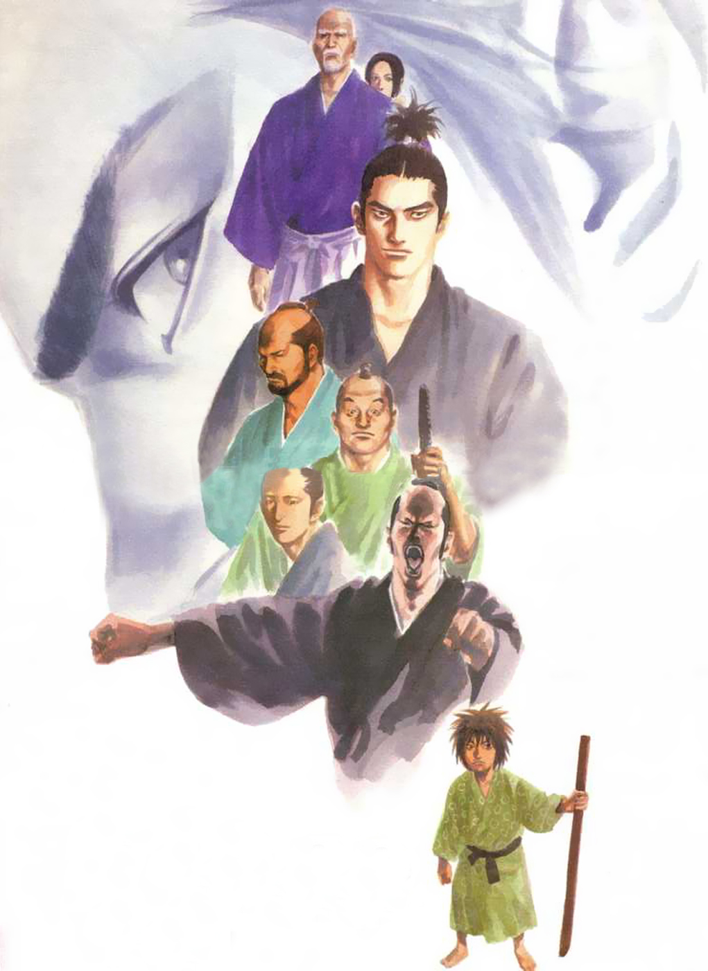 bald beard black_eyes black_hair bokken brown_hair clenched_hands debuchi_magobei everyone facial_hair frown highres inoue_takehiko japanese_clothes joutarou kimono kimura_sukekurou looking_at_viewer male_focus miyamoto_musashi murata_youzou mustache open_mouth otsuu profile sabre shoda_kizaemon short_hair simple_background spiked_hair sword teeth tongue vagabond weapon white_hair wooden_sword yagyuu_hyougonosuke yagyuu_sekishuusai_munetoshi