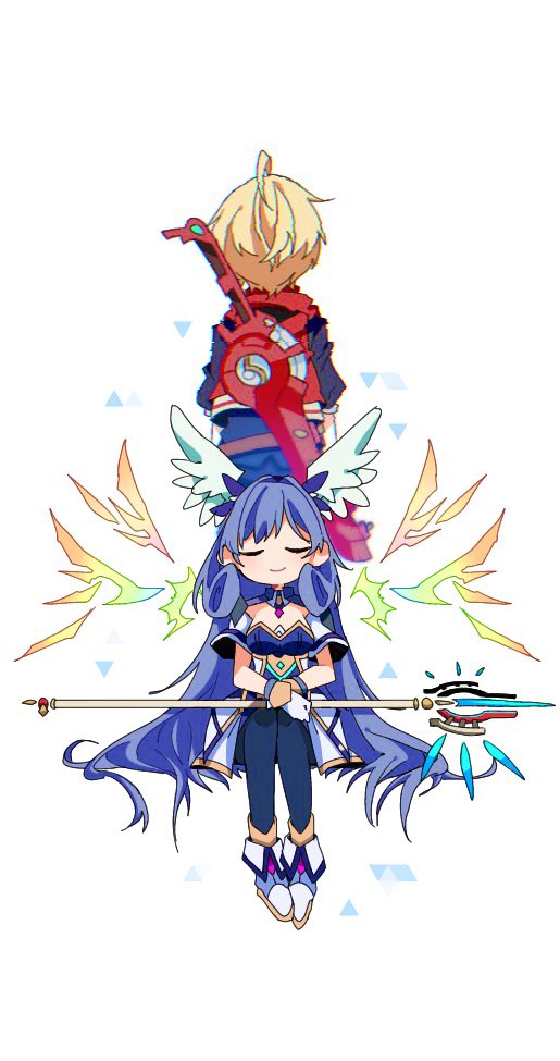 1girl braid breasts cape chibi closed_eyes crown_braid curly_hair dress grey_hair head_wings long_hair magic medium_breasts melia_antiqua mugimugis shulk_(xenoblade) simple_background smile staff thighhighs wings xenoblade_chronicles:_future_connected xenoblade_chronicles_(series) xenoblade_chronicles_1 xenoblade_chronicles_3