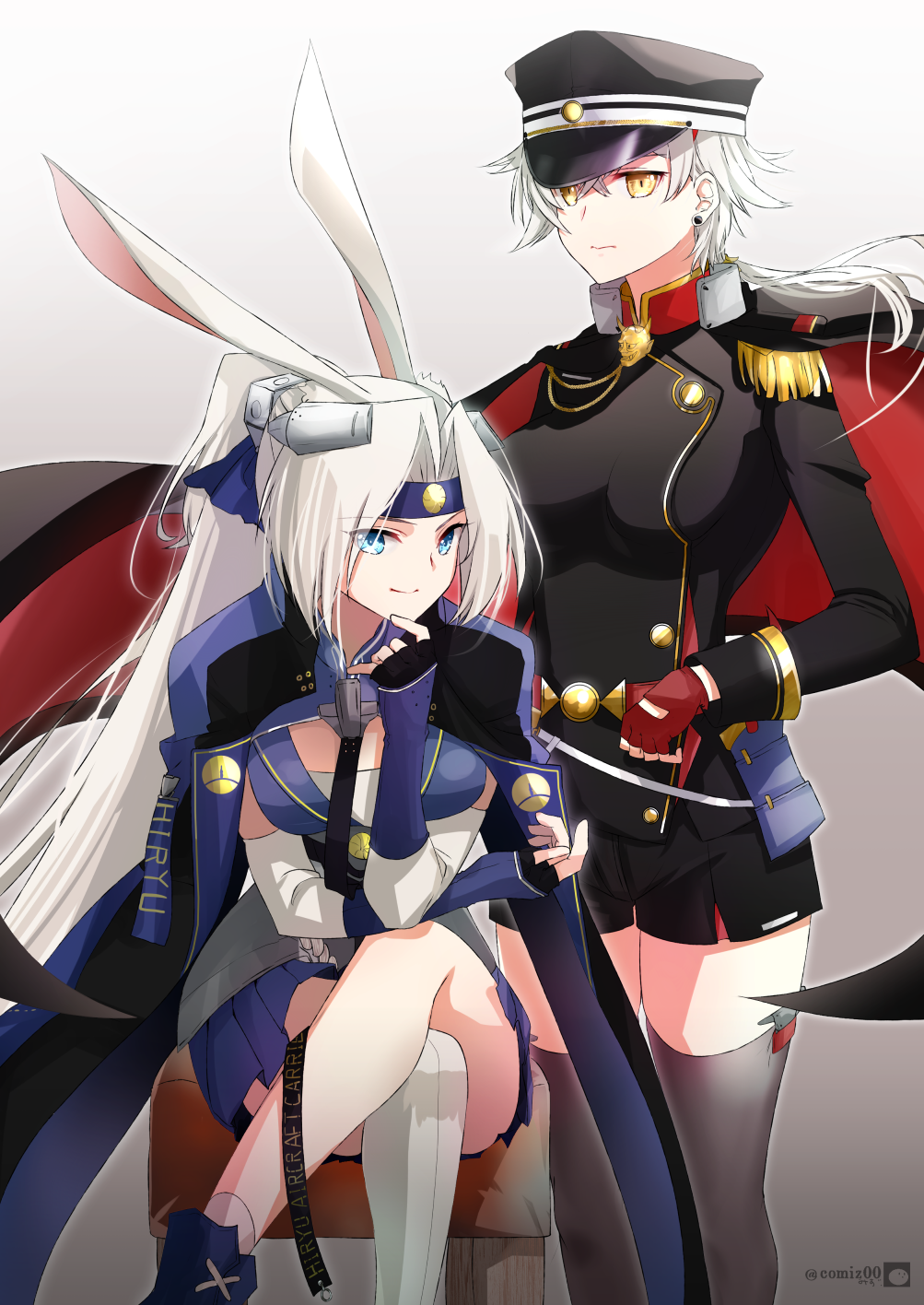 2girls aiguillette animal_ears arm_warmers azur_lane black_dress black_headwear blue_eyes blue_headband cape character_name closed_mouth commission crossed_legs dress gradient_background hand_on_own_chin hat headband high_ponytail highres hiryuu_(azur_lane) hiryuu_(retrofit)_(azur_lane) kimura_shiki kinu_(azur_lane) kinu_(retrofit)_(azur_lane) long_hair looking_at_viewer low_ponytail military_uniform multiple_girls peaked_cap pixiv_commission ponytail rabbit_ears red_cape simple_background sitting smile twitter_username white_hair yellow_eyes