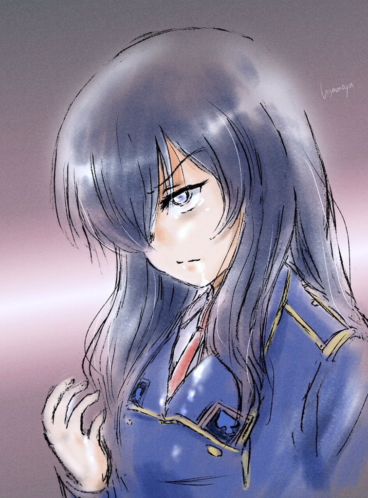 1girl angry blue_eyes blue_hair blue_jacket breasts collared_shirt drooling eclair_(girls_und_panzer) girls_und_panzer girls_und_panzer_gekitou!_maginot-sen_desu!! hair_over_one_eye hiyama_yuu_(wee259hiyama) jacket long_hair long_sleeves maginot_military_uniform necktie red_necktie saliva saliva_on_breasts shirt tearing_up white_shirt