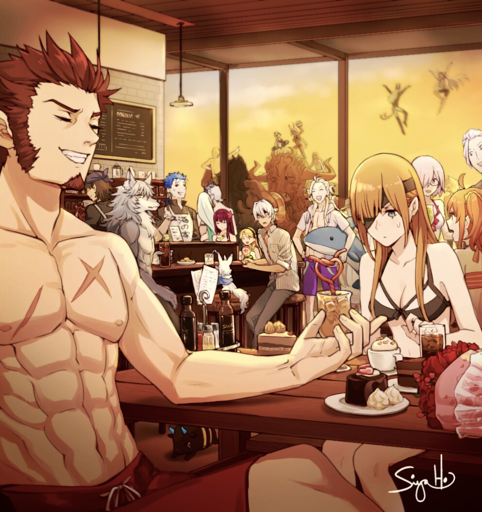 6+boys 6+girls abs antonio_salieri_(fate) arjuna_(fate) arjuna_alter_(fate) bare_arms bare_shoulders bikini bikini_top_only blonde_hair blue_hair bouquet breasts cake cleavage closed_eyes closed_mouth collarbone cu_chulainn_(fate) cu_chulainn_(fate/stay_night) cup drinking_straw everyone eyepatch facial_hair fate/grand_order fate_(series) flower food fujimaru_ritsuka_(female) fujimaru_ritsuka_(female)_(brilliant_summer) gerda_(fate) heracles_(fate) hood kotomine_kirei long_sideburns male_swimwear mash_kyrielight mash_kyrielight_(swimsuit_of_perpetual_summer) medium_breasts multiple_boys multiple_girls napoleon_bonaparte_(fate) navel official_alternate_costume ophelia_phamrsolone orange_hair patxi_(fate) pectorals purple_male_swimwear purple_swim_trunks red_hair red_male_swimwear red_swim_trunks scar shi_huang_di_(fate) short_hair sideburns signature silver_hair sitting siya_ho sleeves_rolled_up smile stomach sunset swim_trunks swimsuit table topless_male wolfgang_amadeus_mozart_(fate)