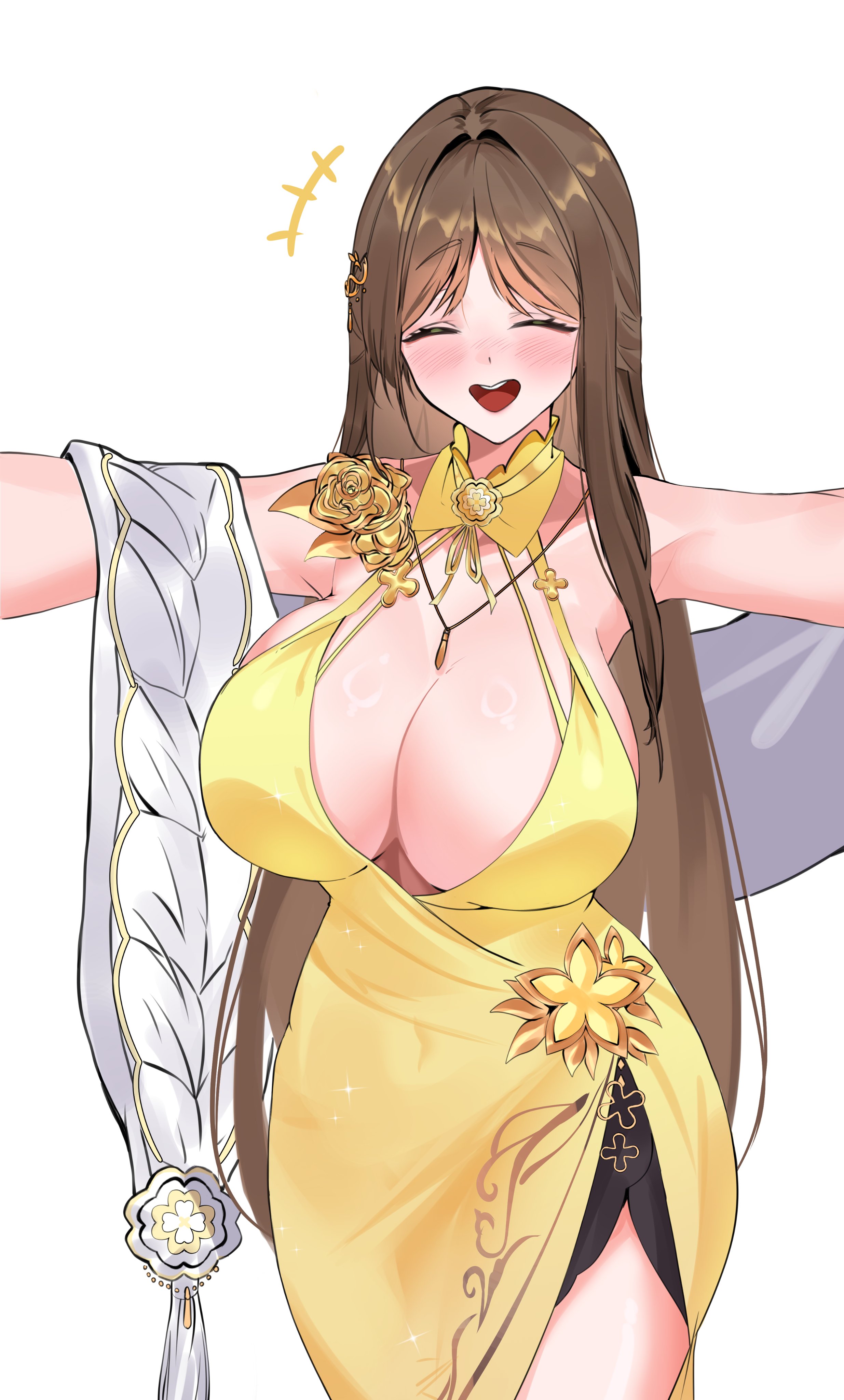 absurdres black_survival breasts brown_hair closed_eyes collar dress eternal_return:_black_survival evening evening_gown flower flower_ornament gold_flower gweon_sua highres large_breasts outstretched_arms simple_background uwa81087288 white_background yellow_collar yellow_dress yellow_flower