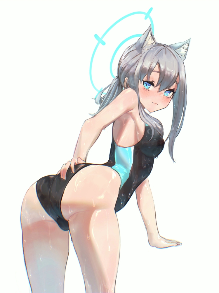 1girl animal_ear_fluff animal_ears ass black_one-piece_swimsuit blue_archive blue_eyes breasts competition_swimsuit covered_navel cross_hair_ornament extra_ears from_behind grey_hair hair_ornament halo ilyowal leaning_forward looking_at_viewer looking_back low_ponytail medium_breasts medium_hair mismatched_pupils multicolored_swimsuit one-piece_swimsuit ponytail shiroko_(blue_archive) shiroko_(swimsuit)_(blue_archive) simple_background solo swimsuit white_background