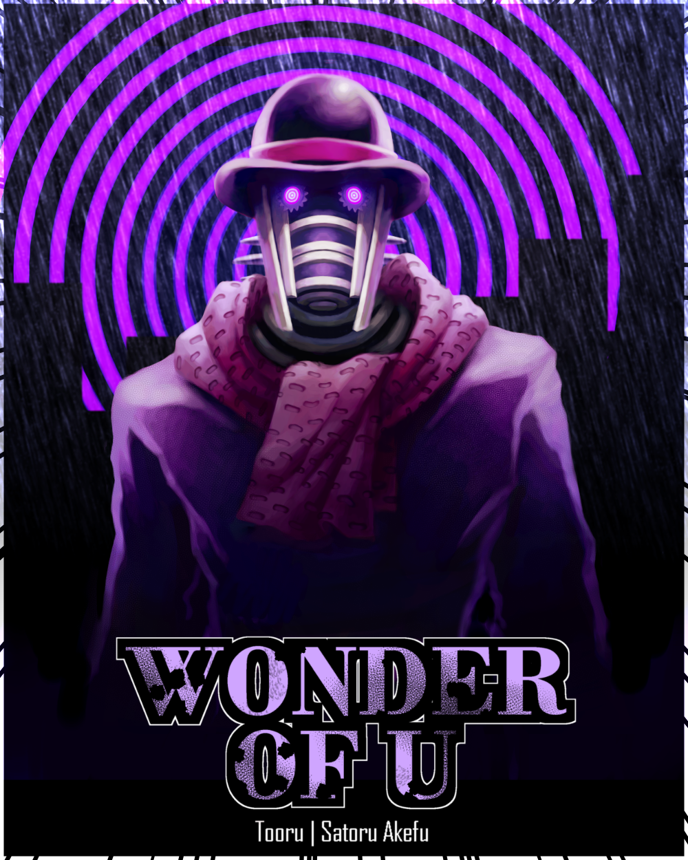 1other coat endy7 english_text hat highres humanoid_robot jojo_no_kimyou_na_bouken jojolion looking_at_viewer pink_scarf purple_coat purple_eyes purple_hat purple_theme robot scarf spiral wonder_of_u