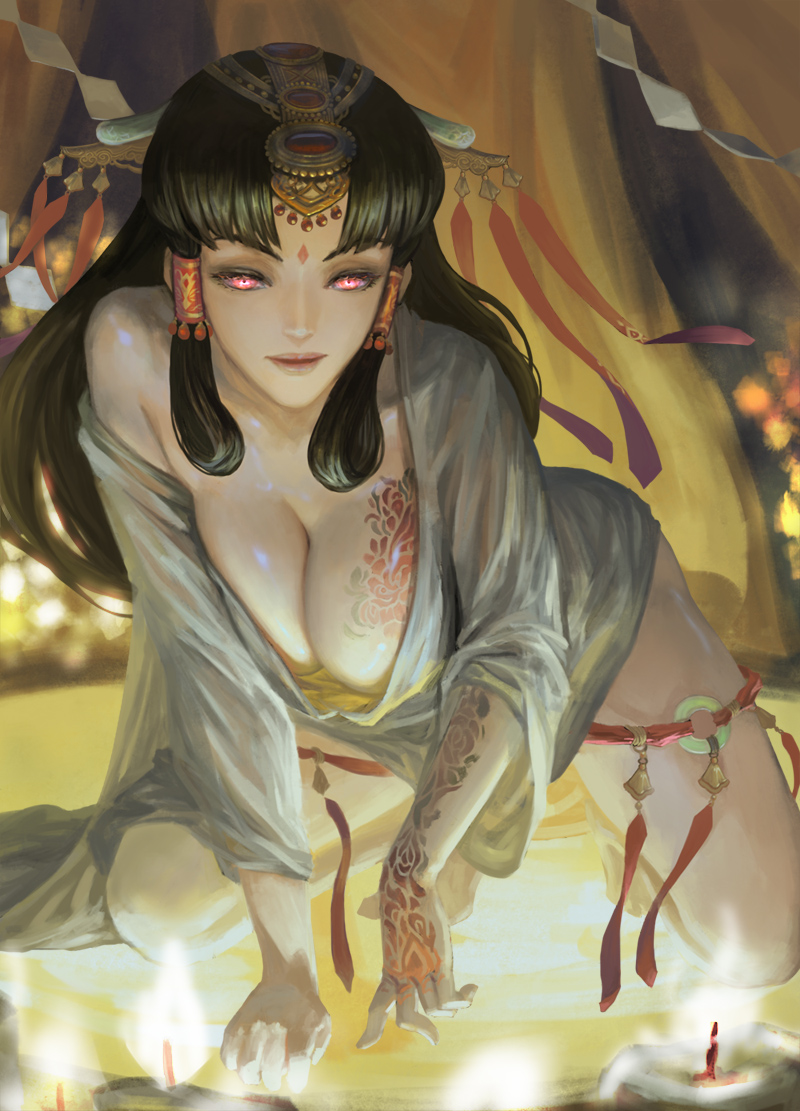 1girl all_fours ass breasts candle cleavage female_focus fire headdress leaning_forward long_hair looking_at_viewer off_shoulder original red_eyes shide solo tattoo very_long_hair xiaji
