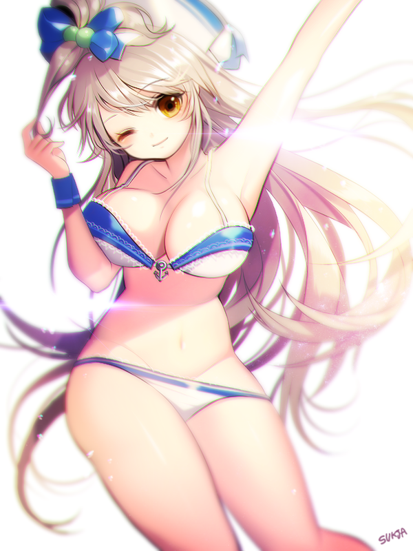 10s 1girl arm_up arms_up artist_name bad_id bad_pixiv_id bikini blush breasts brown_hair chromatic_aberration cleavage female_focus huge_breasts large_breasts lens_flare long_hair love_live! love_live!_school_idol_project minami_kotori one_eye_closed smile solo sukja swimsuit very_long_hair white_background yellow_eyes