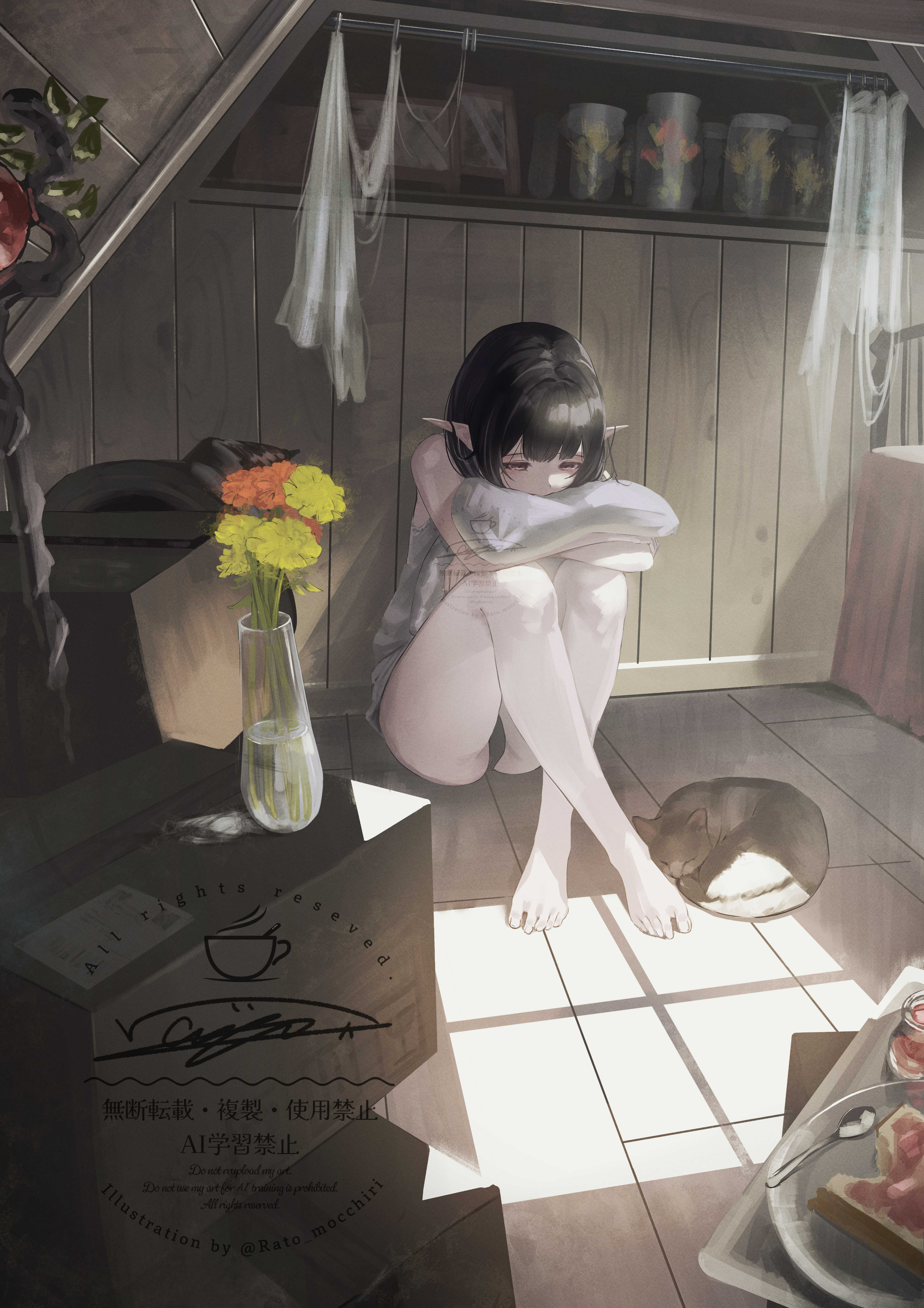 1girl absurdres attic barefoot black_hair blanket box bread bread_slice cat commentary_request flower food highres holding holding_blanket indoors mochimochi_kashiwa original pointy_ears sitting solo spoon vase wooden_floor