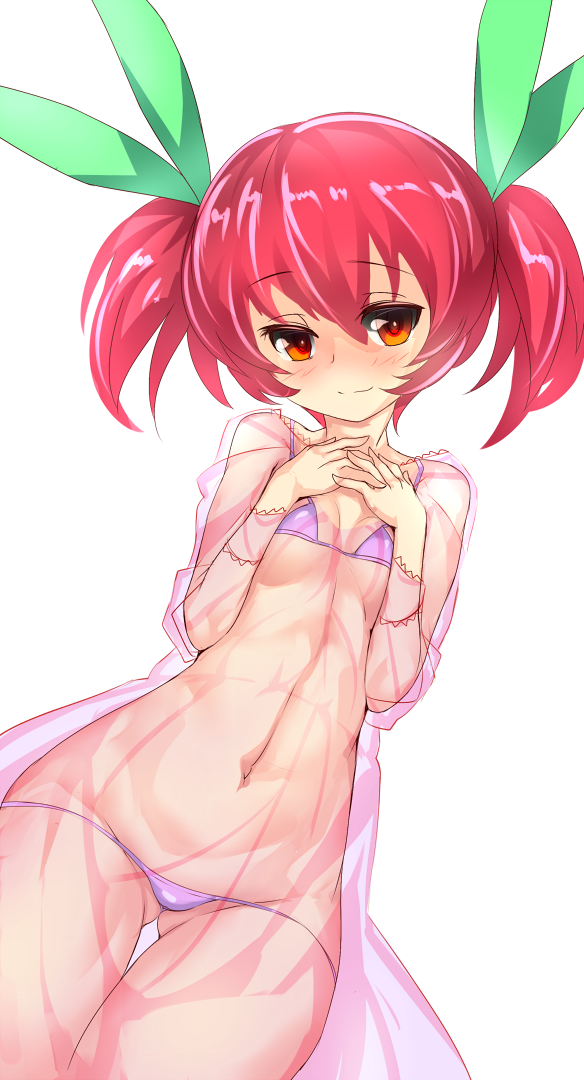bikini blush breasts flower_knight_girl hair_between_eyes hair_ornament looking_at_viewer navel petite pink_hair see-through_clothes see-through_skirt short_hair short_twintails simple_background skirt small_breasts solo swimsuit takabow tsukitoji_(flower_knight_girl) twintails white_background