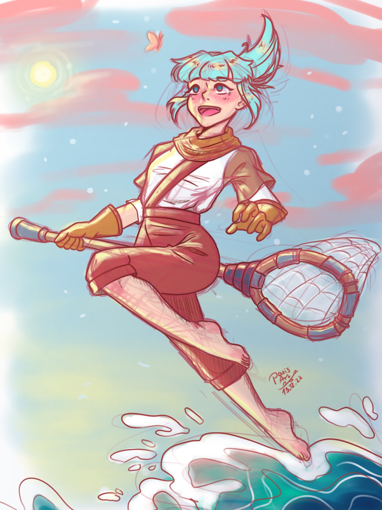 1girl 2022 artist_name barefoot blue_eyes blue_hair blush brown_pants bug butterfly cloud dated gloves highres insect jumping looking_up net open_mouth pants shirt sigrid_(wavetale) solo sun thunderful water waves wavetale white_shirt yahami12 yellow_gloves