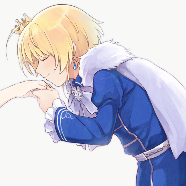 1boy 1other belt blonde_hair blue_shirt bow brooch capelet closed_eyes closed_mouth crown crystal_earrings earrings from_side harukawa_(aonori1022) idolmaster idolmaster_side-m jewelry juliet_sleeves kiss kissing_hand long_sleeves male_focus mini_crown pierre_bichelberger puffy_sleeves shirt white_background