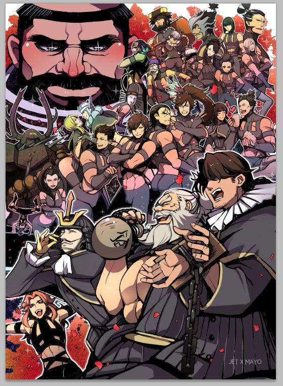 5girls 6+boys akechi_mitsuhide_(sengoku_basara) alcohol alternate_costume antlers armor artist_name beard black_hair blonde_hair blush bodysuit brown_hair chain couple date_masamune_(sengoku_basara) facial_hair feathers flower food fuuma_kotarou_(sengoku_basara) grey_hair heart helmet honda_tadakatsu honda_tadakatsu_(sengoku_basara) hood horns hot_limit houjou_ujimasa_(sengoku_basara) ii_naotora ii_naotora_(sengoku_basara) imagawa_yoshimoto itsuki_(sengoku_basara) japanese_armor jet_x_mayo kasuga katakura_kojuurou katakura_kojuurou_(sengoku_basara) kuroda_kanbei maeda_keiji maeda_keiji_(sengoku_basara) maeda_toshiie_(sengoku_basara) matsu_(sengoku_basara) matsunaga_hisahide_(sengoku_basara) mogami_yoshiaki_(sengoku_basara) mori_ranmaru mori_ranmaru_(sengoku_basara) multiple_boys multiple_girls muscular mustache nanbu_harumasa naoe_kanetsugu nouhime nouhime_(sengoku_basara) oda_nobunaga oda_nobunaga_(sengoku_basara) onigiri orange_hair ponytail robe rose sakai_tadatsugu sake satake_yoshishige sengoku_basara shibata_katsuie shimazu_yoshihiro t.m.revolution tagme thighs tokugawa_ieyasu_(sengoku_basara) uesugi_kenshin uesugi_kenshin_(sengoku_basara) white_hair xavi